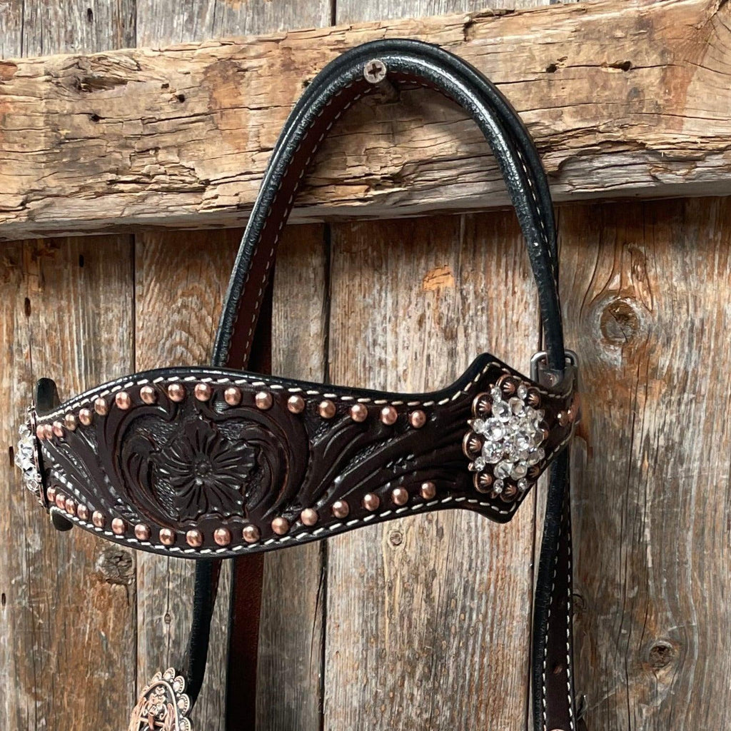 Dark Oil Floral Copper Dot Clear Browband / One Ear / Breastcollar Buckstitch Tack Set #BBBC486 — view 7