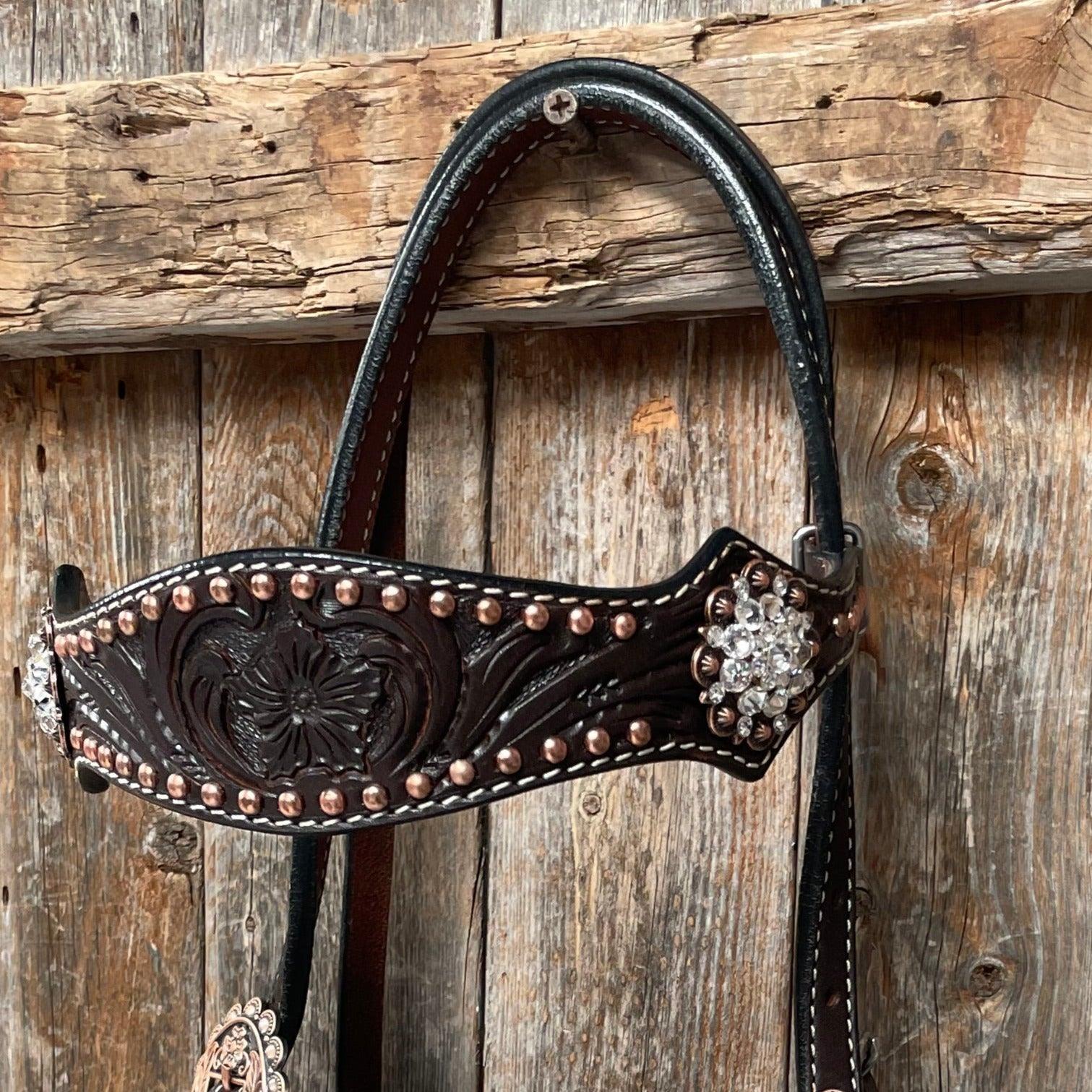Dark Oil Floral Copper Dot Clear Browband / One Ear / Breastcollar Buckstitch Tack Set #BBBC486 — view 7