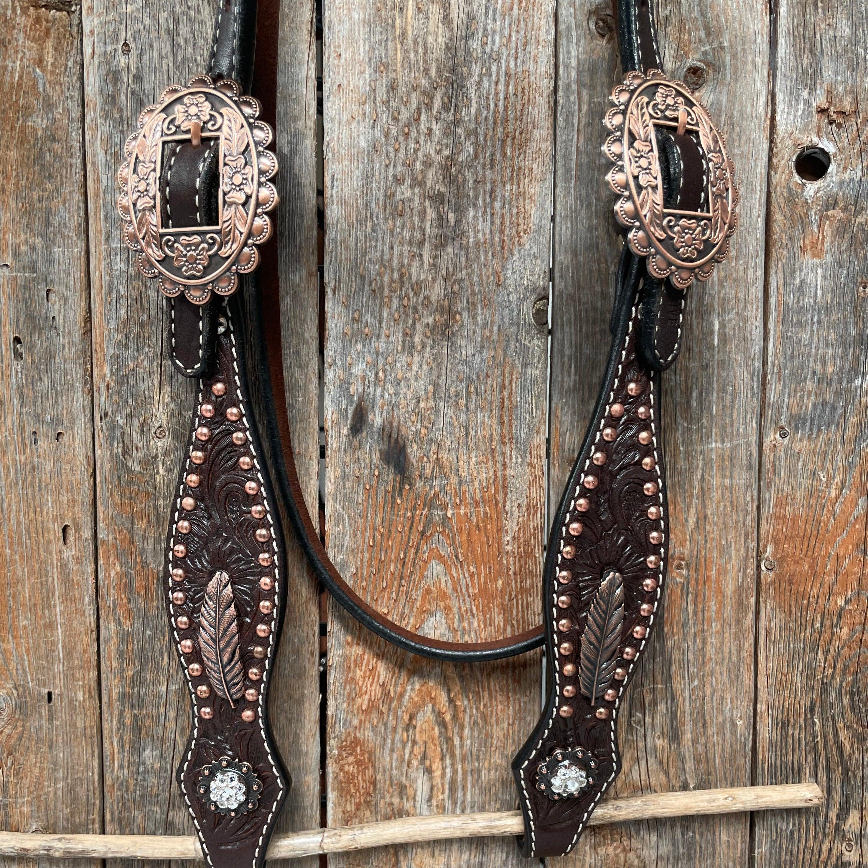 Dark Oil Floral Copper Dot Clear Browband / One Ear / Breastcollar Buckstitch Tack Set #BBBC486 — view 8
