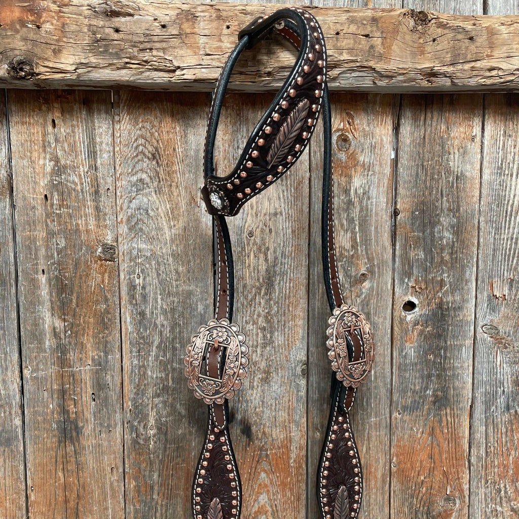 Dark Oil Floral Copper Dot Clear Browband / One Ear / Breastcollar Buckstitch Tack Set #BBBC486 — view 3