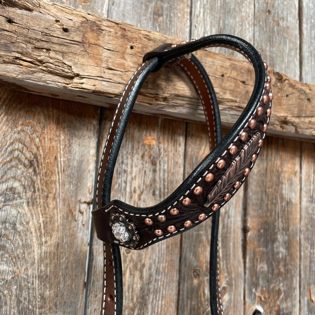 Dark Oil Floral Copper Dot Clear Browband / One Ear / Breastcollar Buckstitch Tack Set #BBBC486 — view 9