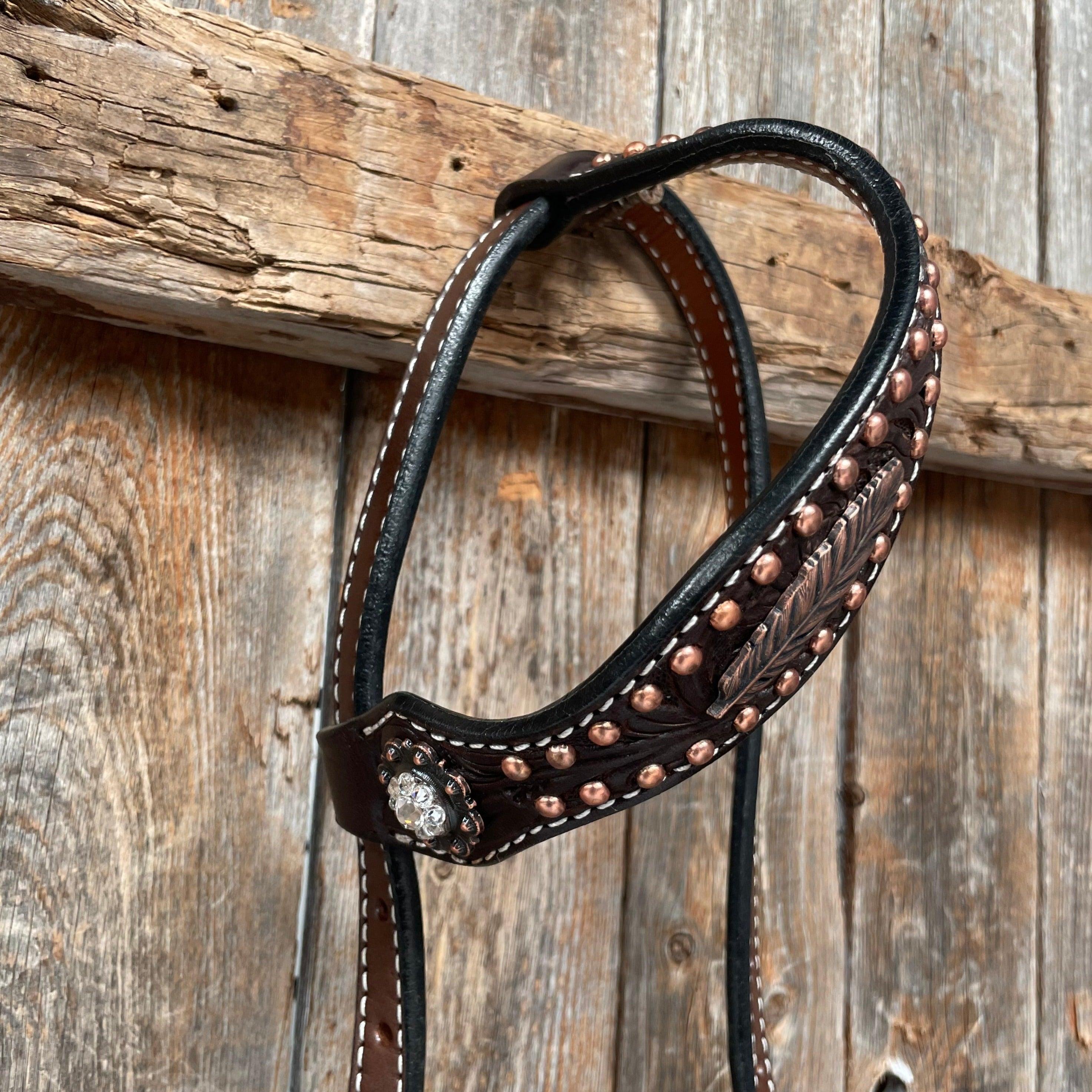 Dark Oil Floral Copper Dot Clear Browband / One Ear / Breastcollar Buckstitch Tack Set #BBBC486 — view 9