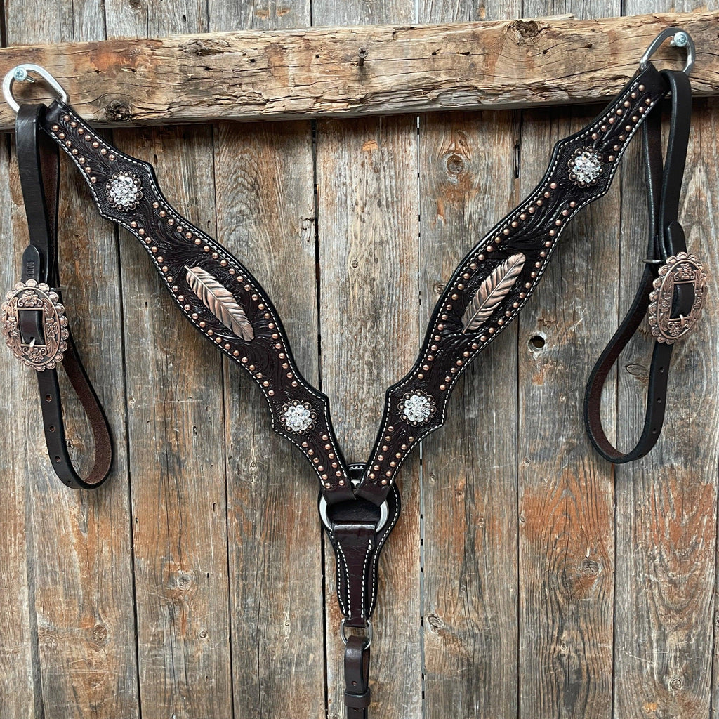 Dark Oil Floral Copper Dot Clear Browband / One Ear / Breastcollar Buckstitch Tack Set #BBBC486 — view 4