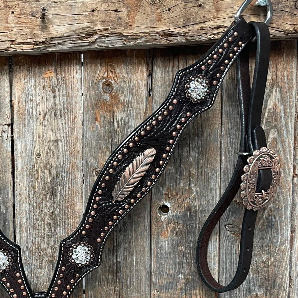 Dark Oil Floral Copper Dot Clear Browband / One Ear / Breastcollar Buckstitch Tack Set #BBBC486 — view 6