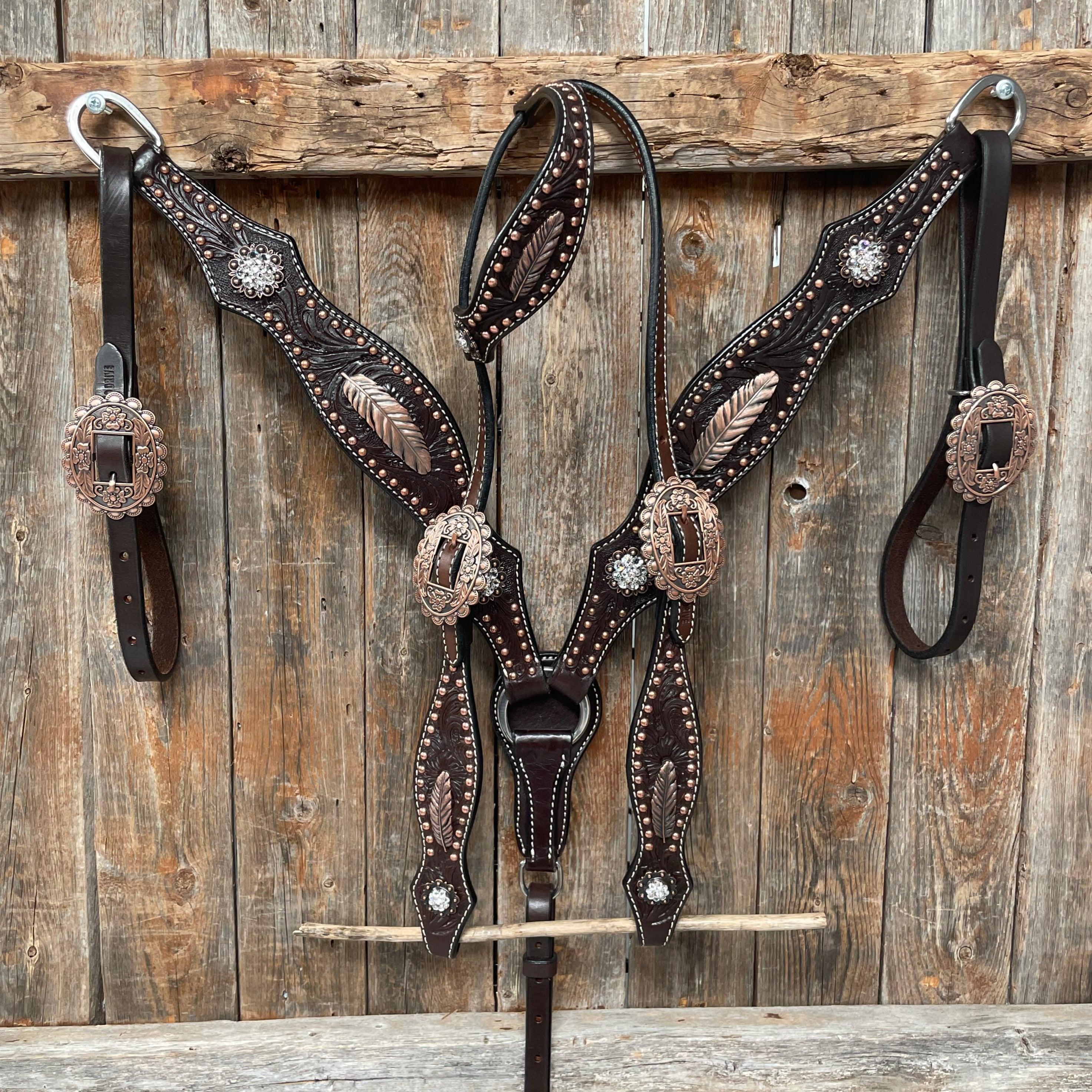 Dark Oil Floral Copper Dot Clear Browband / One Ear / Breastcollar Buckstitch Tack Set #BBBC486 — view 2