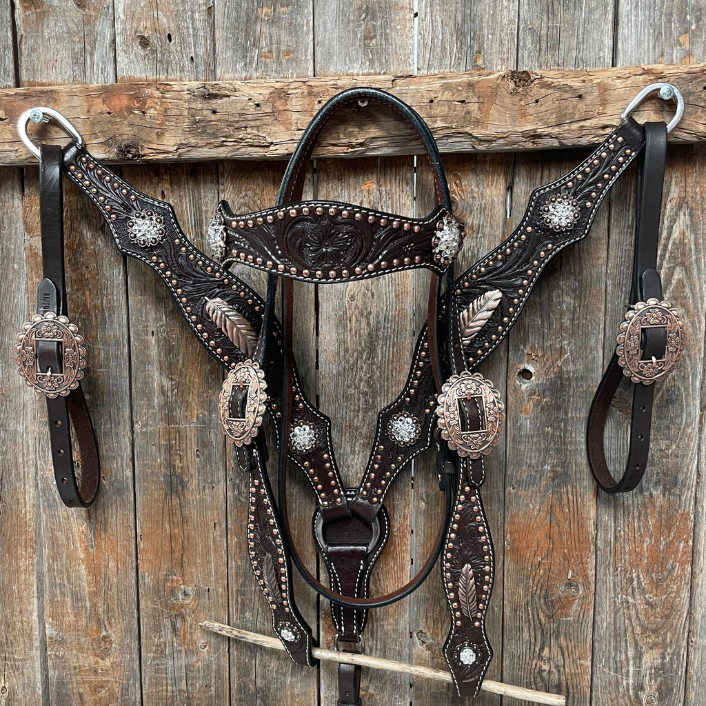 Dark Oil Floral Copper Dot Clear Browband / One Ear / Breastcollar Buckstitch Tack Set #BBBC486