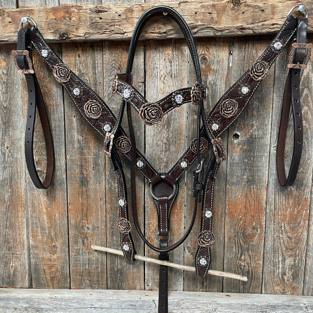 Dark Oil Floral Tooled Roses Browband & Breastcollar Tack Set #BBBC487
