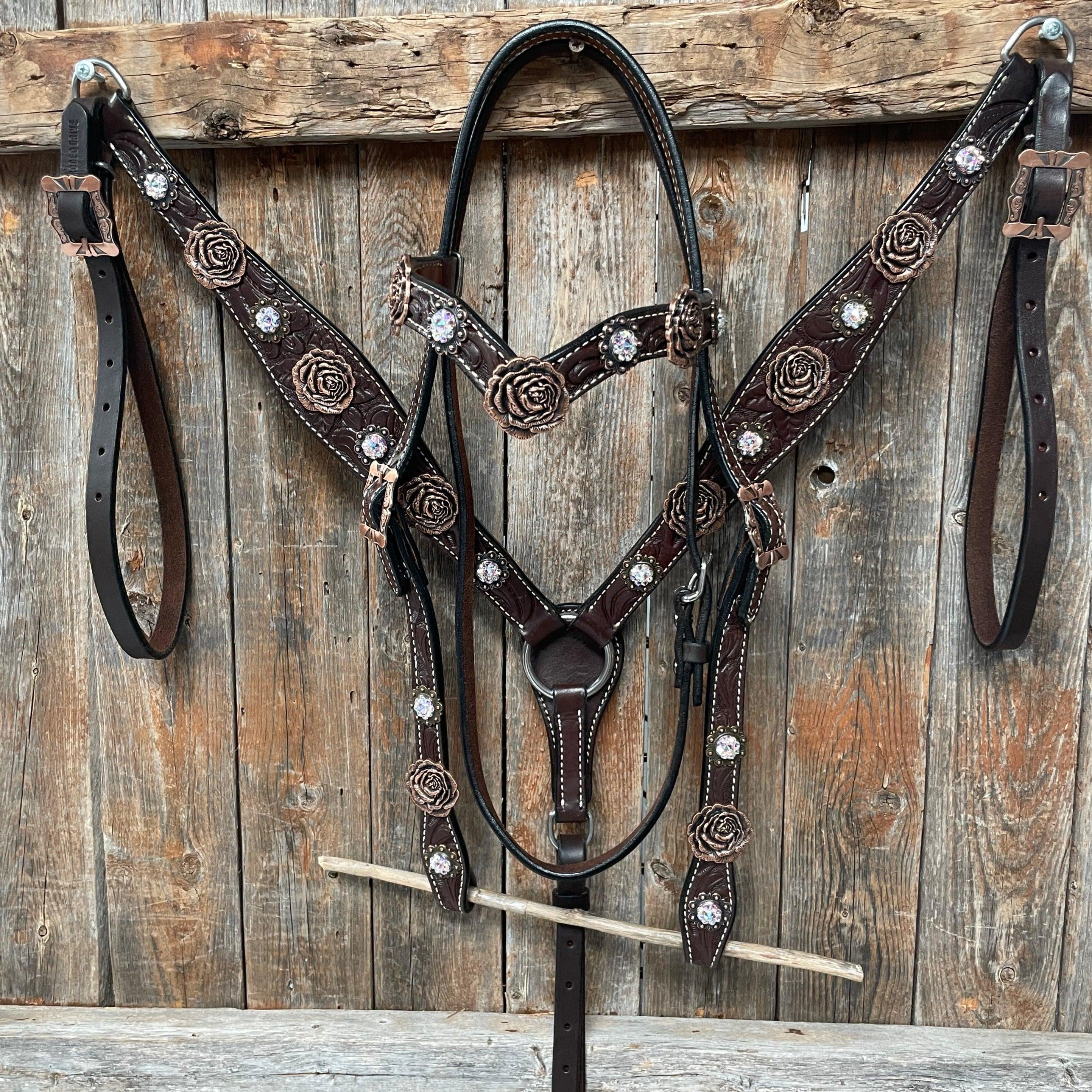 Dark Oil Floral Tooled Roses Browband & Breastcollar Tack Set #BBBC487