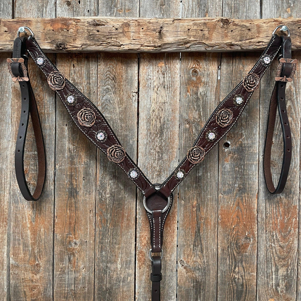 Dark Oil Floral Tooled Roses Browband & Breastcollar Tack Set #BBBC487 — view 2