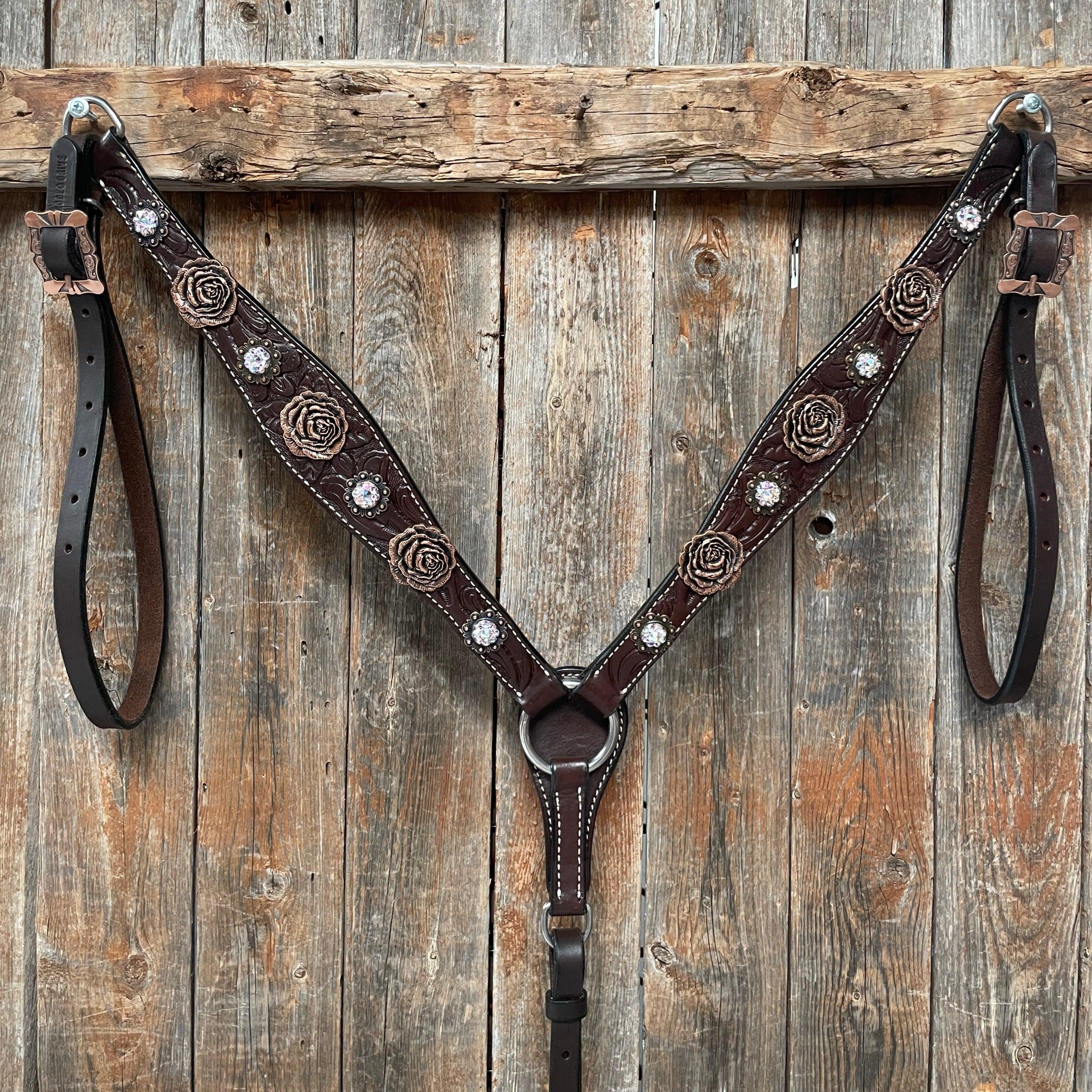 Dark Oil Floral Tooled Roses Browband & Breastcollar Tack Set #BBBC487 — view 2