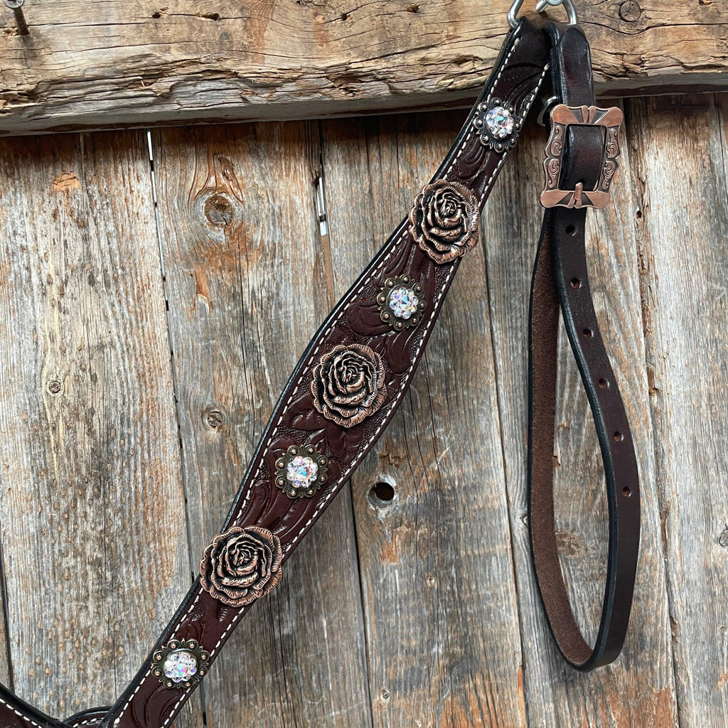 Dark Oil Floral Tooled Roses Browband & Breastcollar Tack Set #BBBC487 — view 4