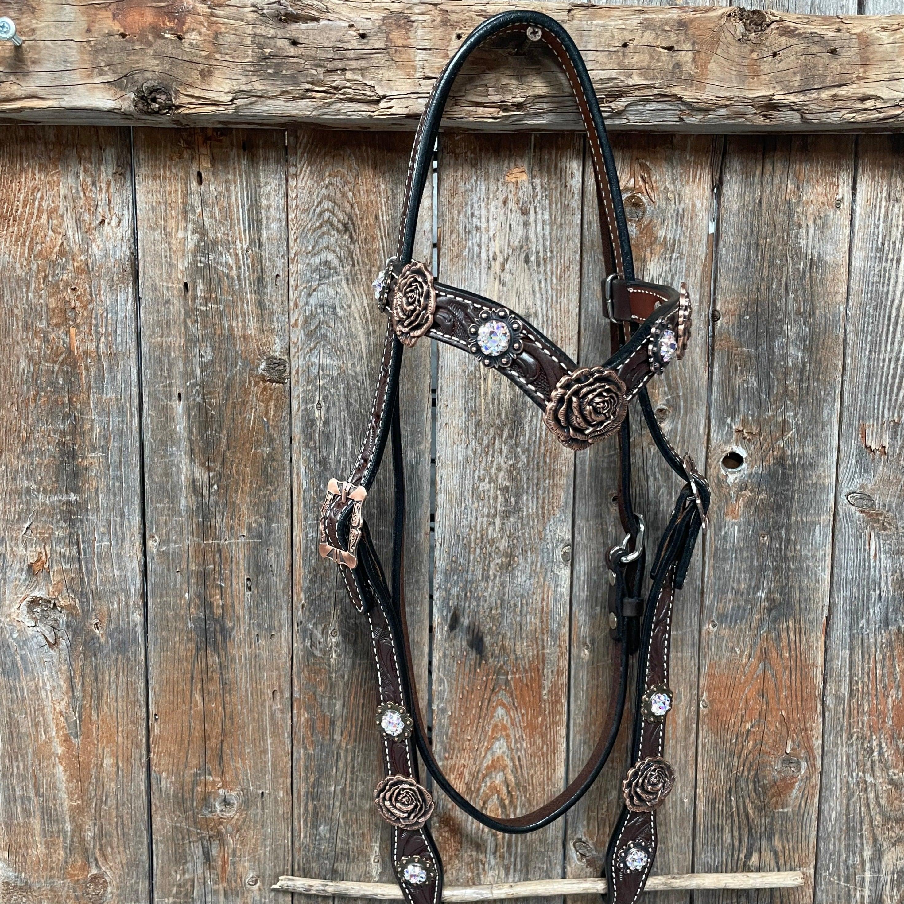 Dark Oil Floral Tooled Roses Browband & Breastcollar Tack Set #BBBC487 — view 3