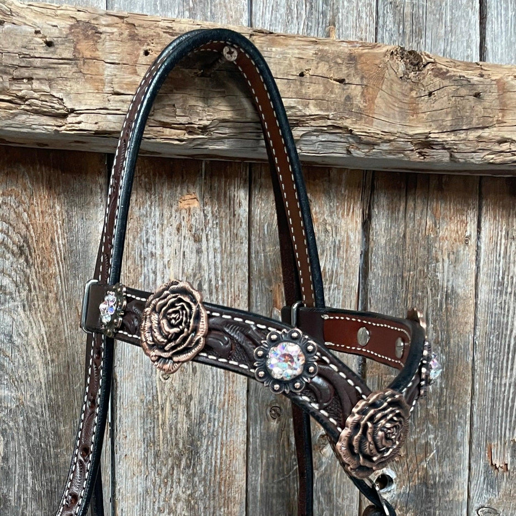 Dark Oil Floral Tooled Roses Browband & Breastcollar Tack Set #BBBC487 — view 5