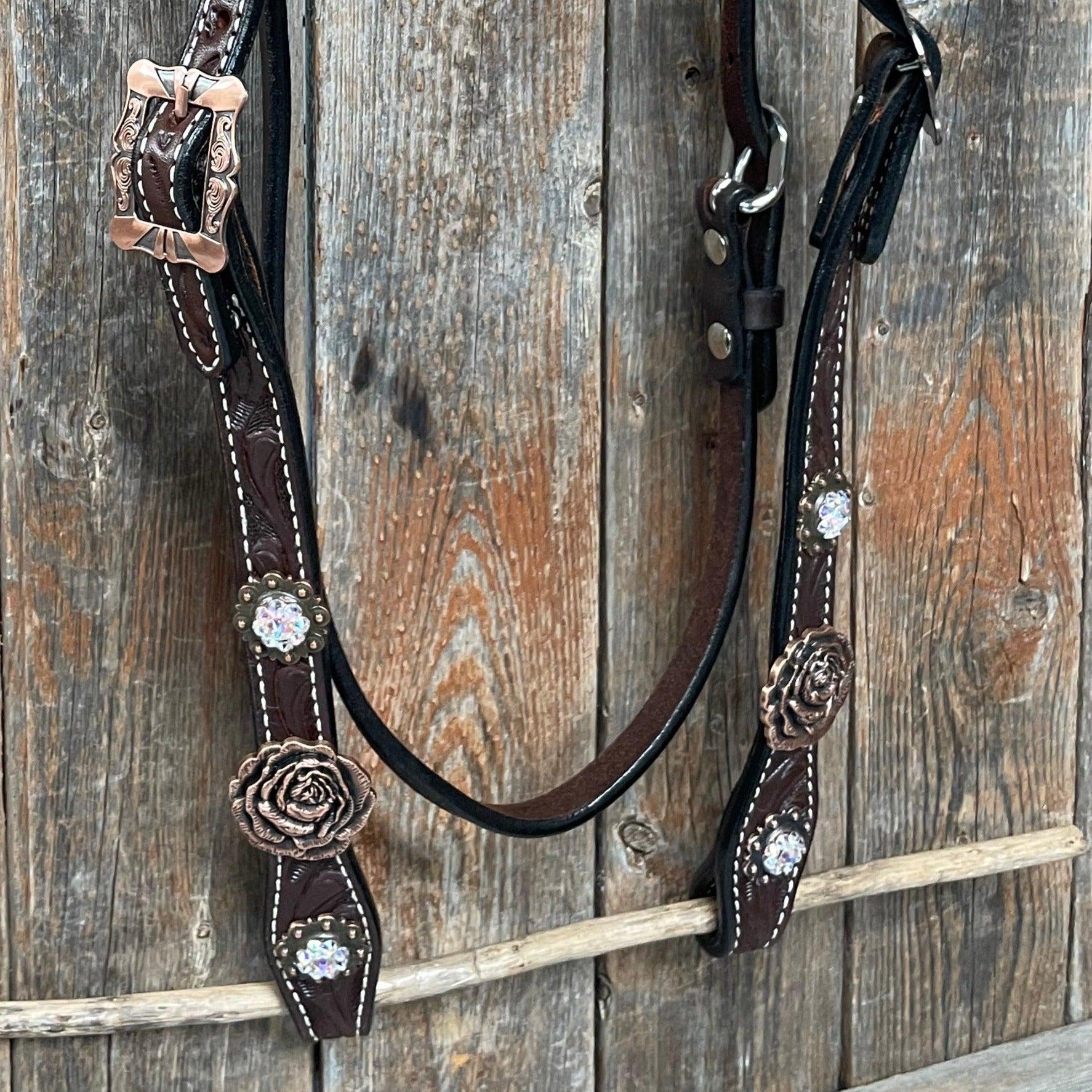 Dark Oil Floral Tooled Roses Browband & Breastcollar Tack Set #BBBC487 — view 6