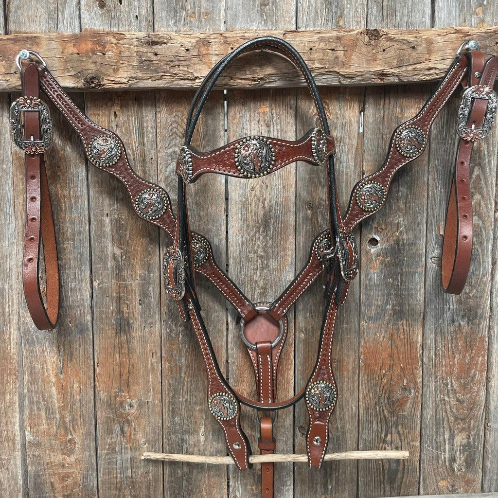 Medium Oil Basketweave Flower and Cactus Browband/One Ear Tack Set #BBBC491