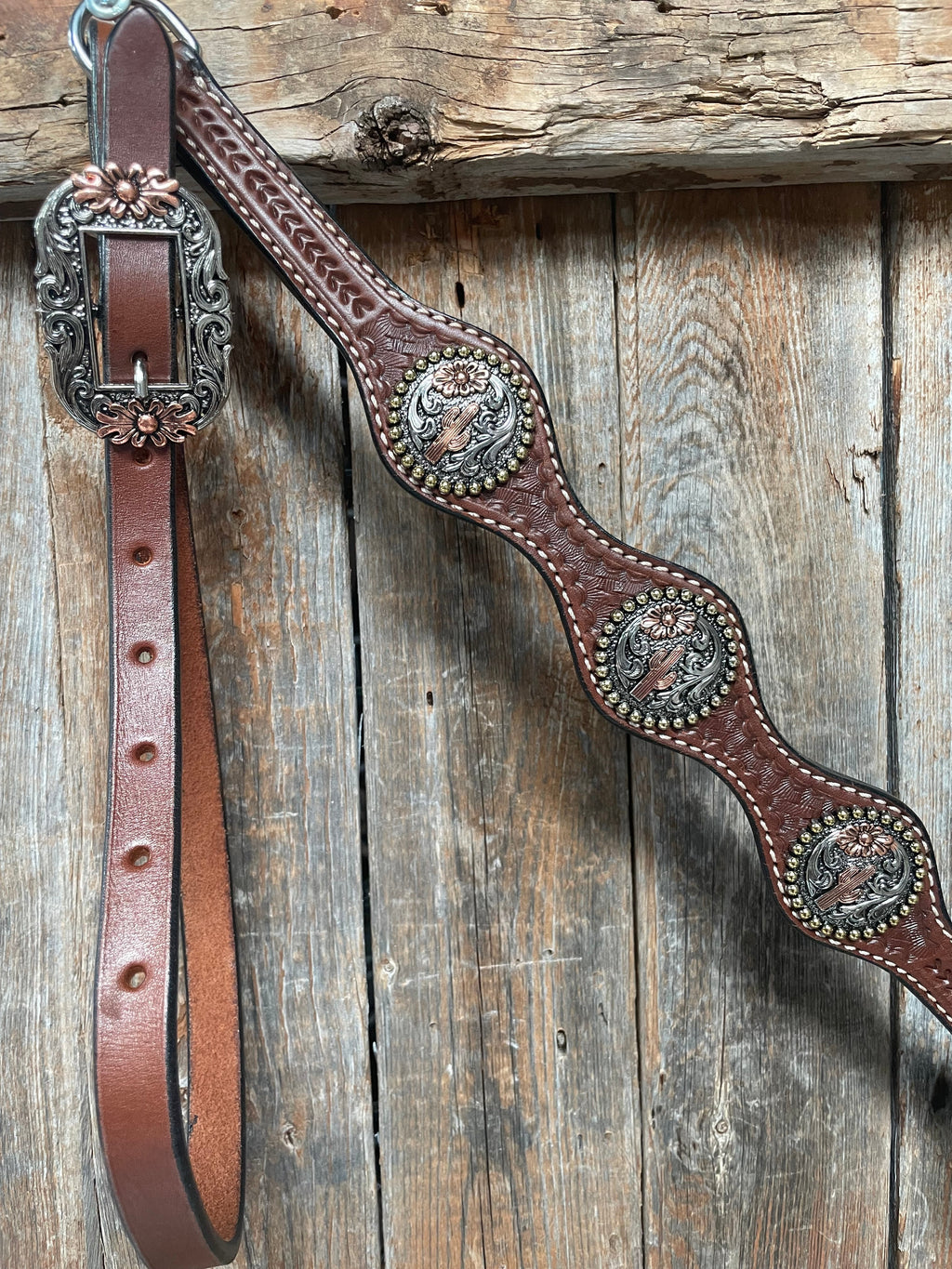 Medium Oil Basketweave Flower and Cactus Browband/One Ear Tack Set #BBBC491 — view 4