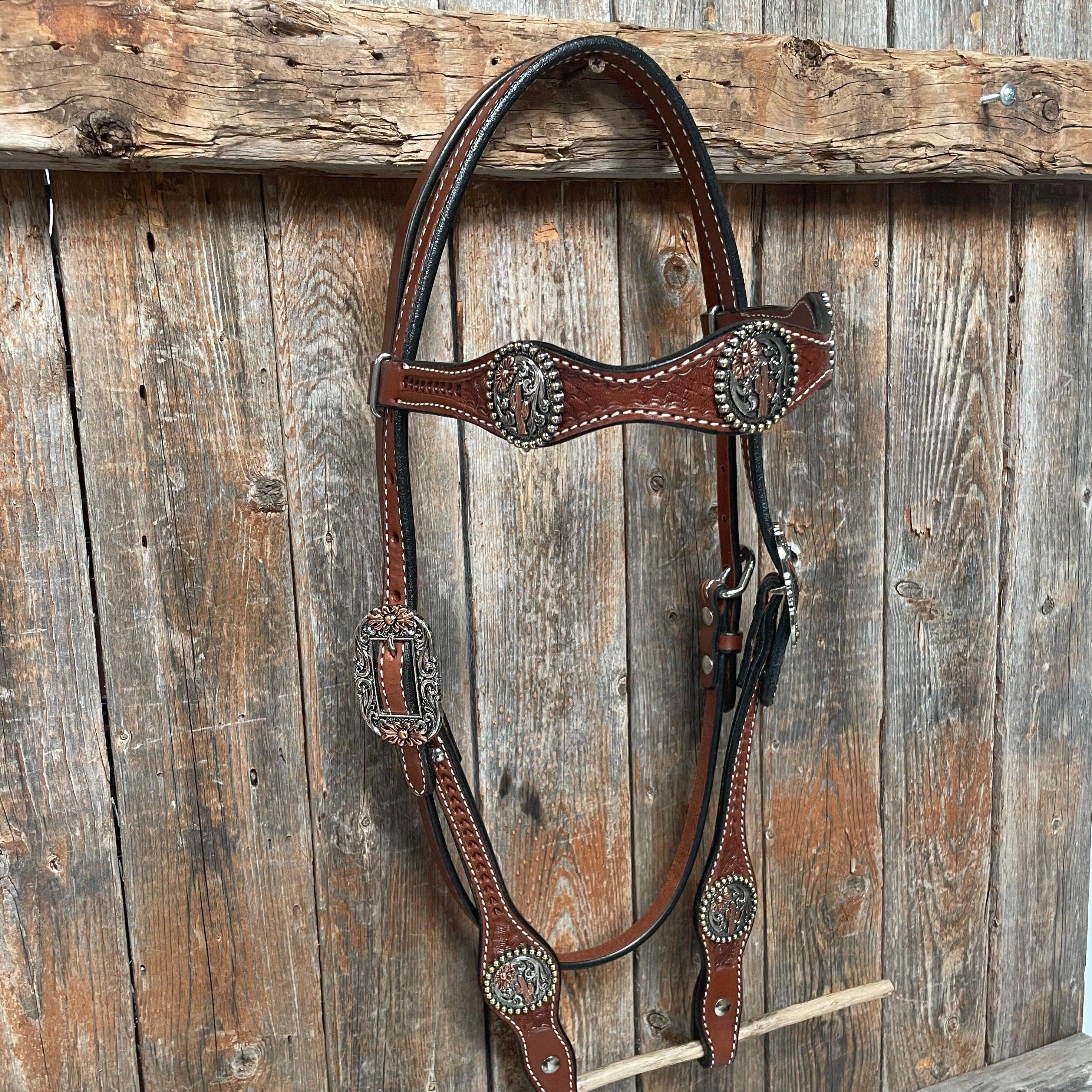 Medium Oil Basketweave Flower and Cactus Browband/One Ear Tack Set #BBBC491 — view 5