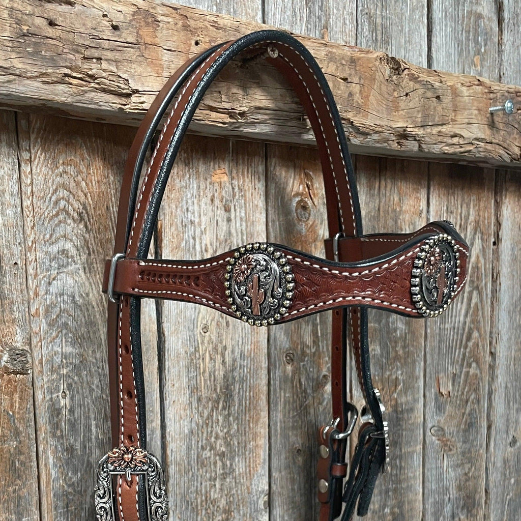 Medium Oil Basketweave Flower and Cactus Browband/One Ear Tack Set #BBBC491 — view 6