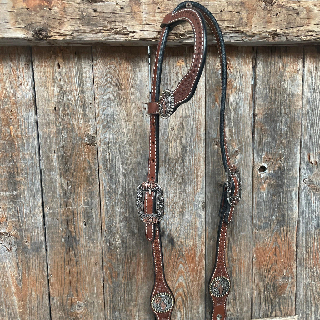 Medium Oil Basketweave Flower and Cactus Browband/One Ear Tack Set #BBBC491 — view 8