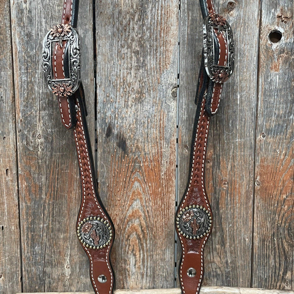 Medium Oil Basketweave Flower and Cactus Browband/One Ear Tack Set #BBBC491 — view 7