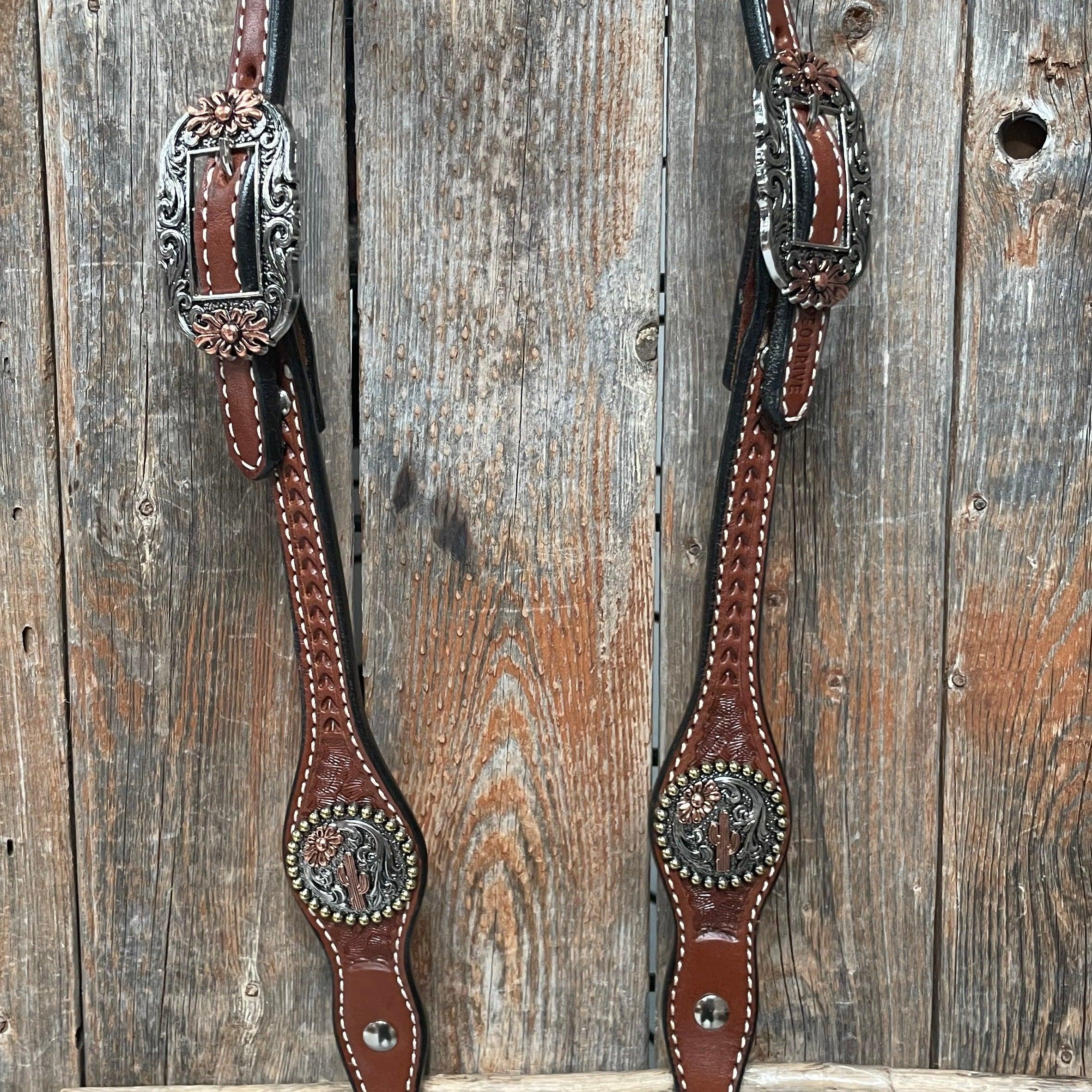 Medium Oil Basketweave Flower and Cactus Browband/One Ear Tack Set #BBBC491 — view 7