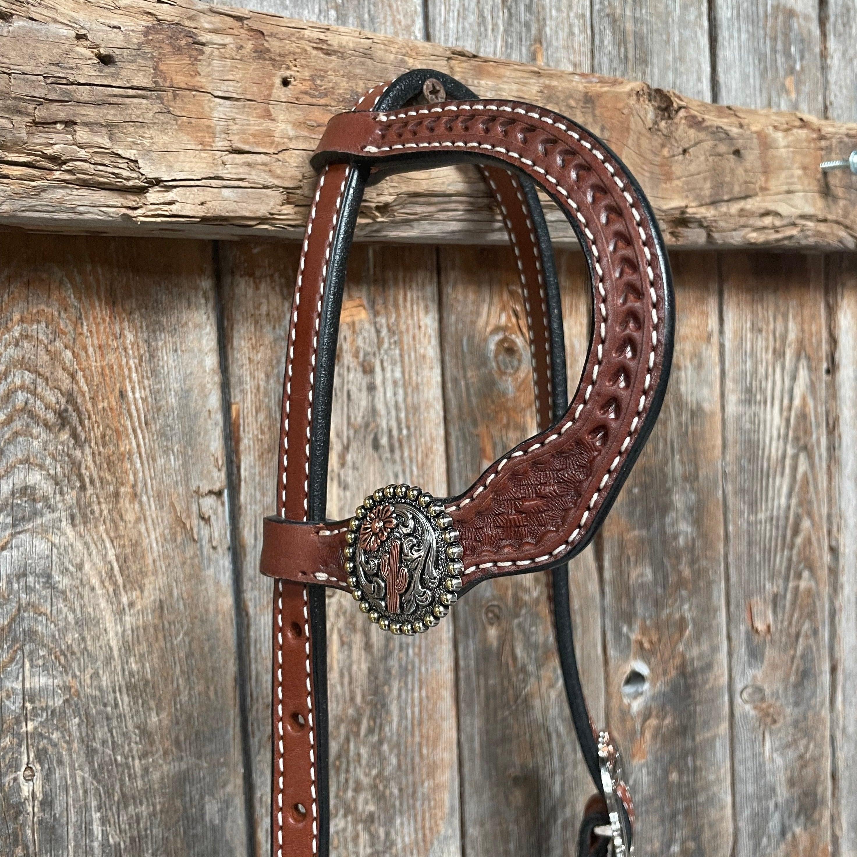 Medium Oil Basketweave Flower and Cactus Browband/One Ear Tack Set #BBBC491 — view 9