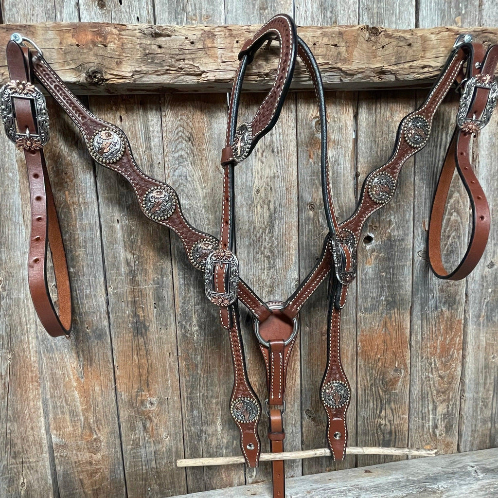 Medium Oil Basketweave Flower and Cactus Browband/One Ear Tack Set #BBBC491 — view 2