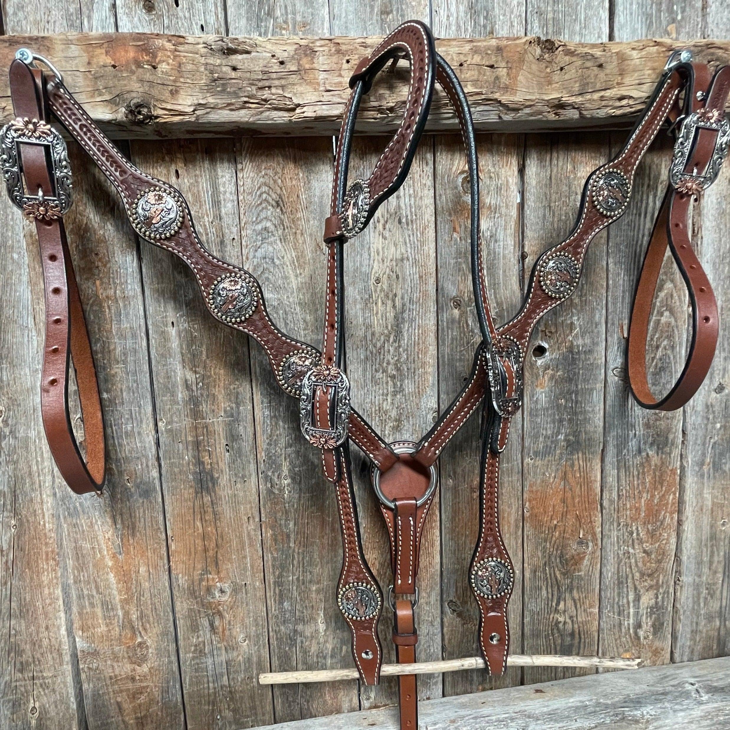 Medium Oil Basketweave Flower and Cactus Browband/One Ear Tack Set #BBBC491 — view 2