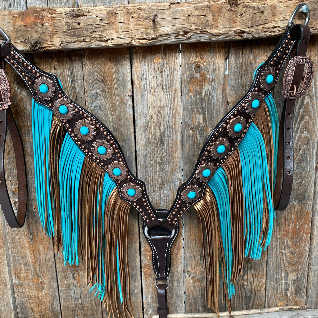 Dark Oil Copper Dot Turquoise Browband/One Ear Tack Set #BBBC498 — view 8