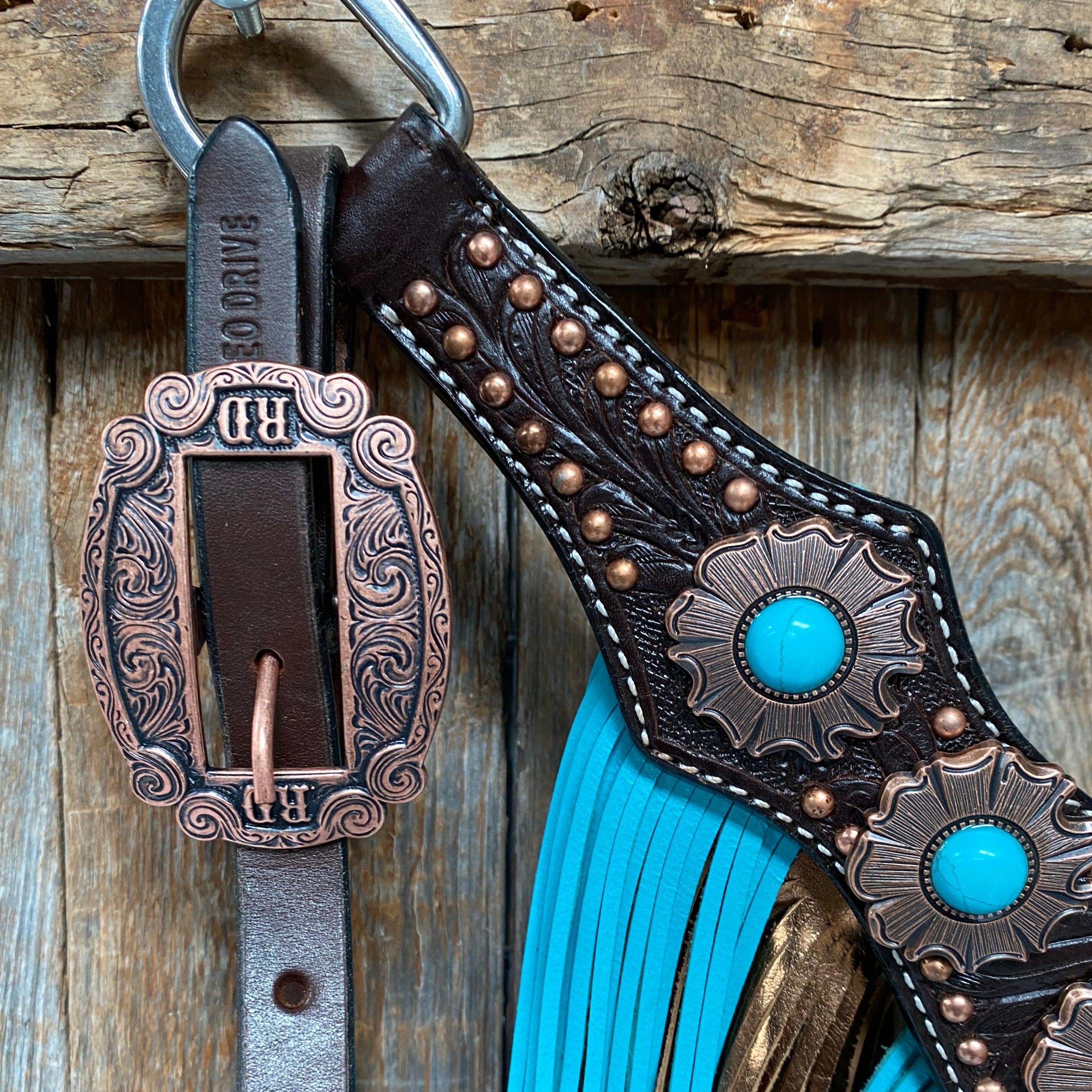 Dark Oil Copper Dot Turquoise Browband/One Ear Tack Set #BBBC498 — view 9