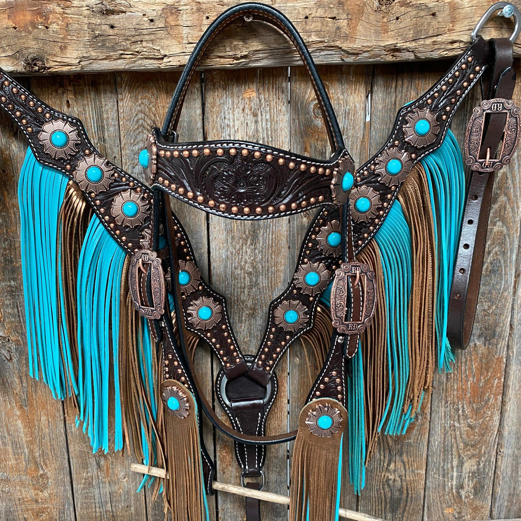 Dark Oil Copper Dot Turquoise Browband/One Ear Tack Set #BBBC498