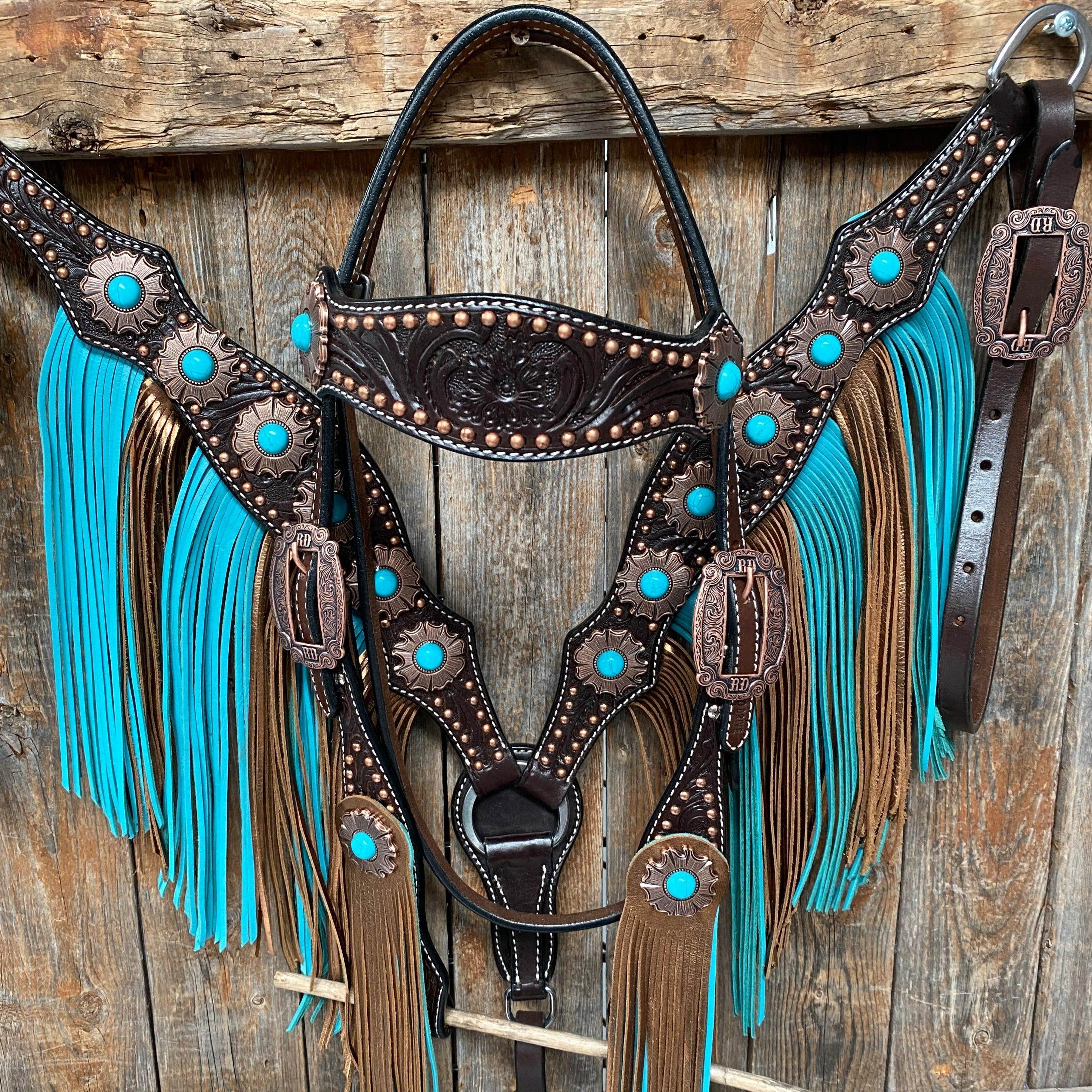 Dark Oil Copper Dot Turquoise Browband/One Ear Tack Set #BBBC498