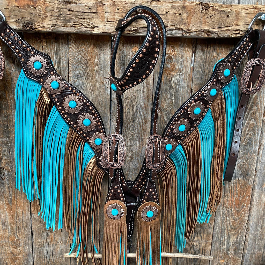 Dark Oil Copper Dot Turquoise Browband/One Ear Tack Set #BBBC498 — view 2