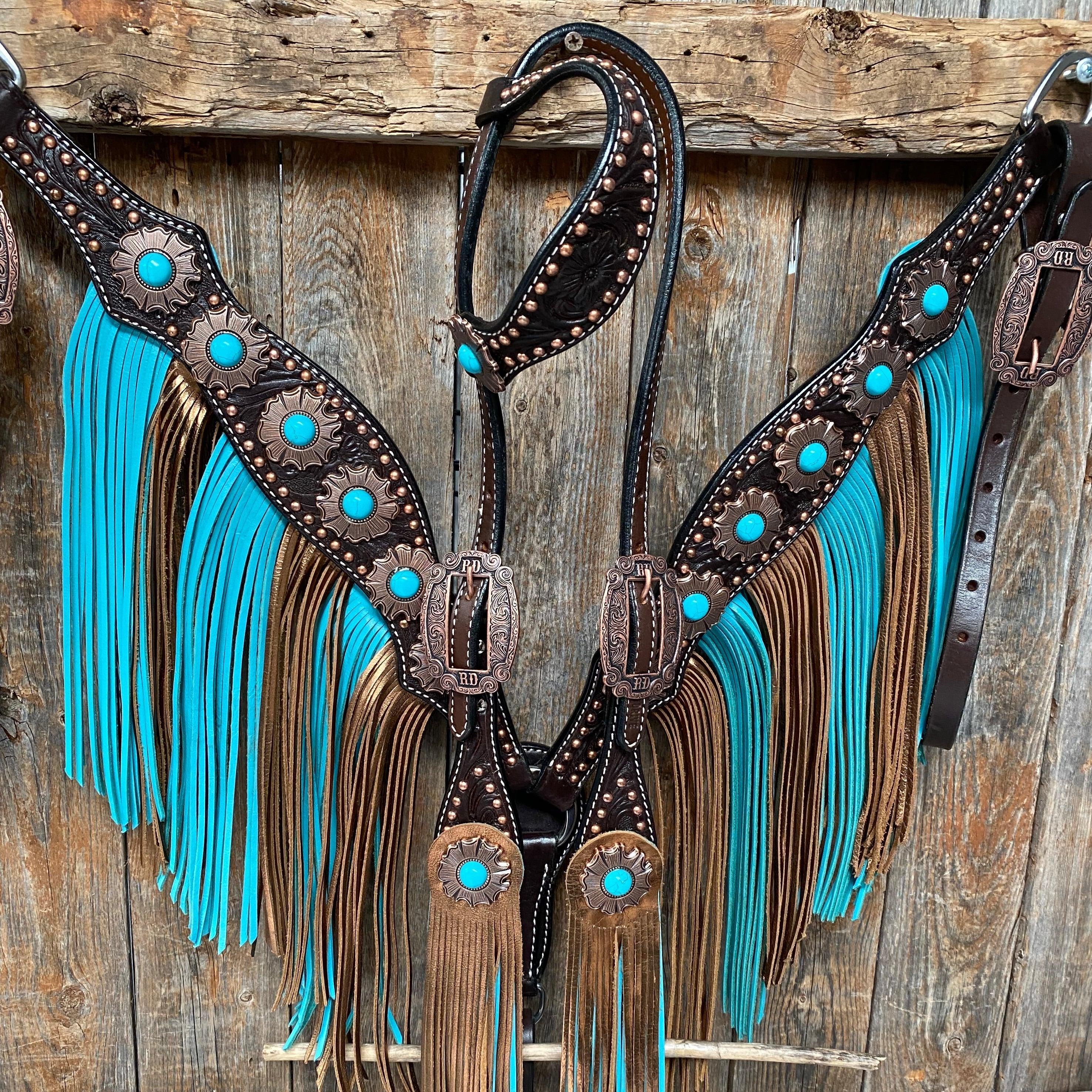 Dark Oil Copper Dot Turquoise Browband/One Ear Tack Set #BBBC498 — view 2
