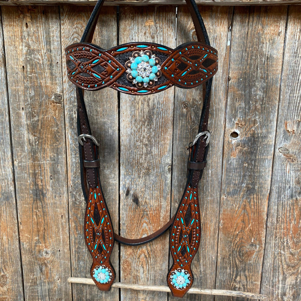 Hand Painted Two Tone Clear/Turquoise Browband / One Ear / Breastcollar Tack Set #BBBC507 — view 5