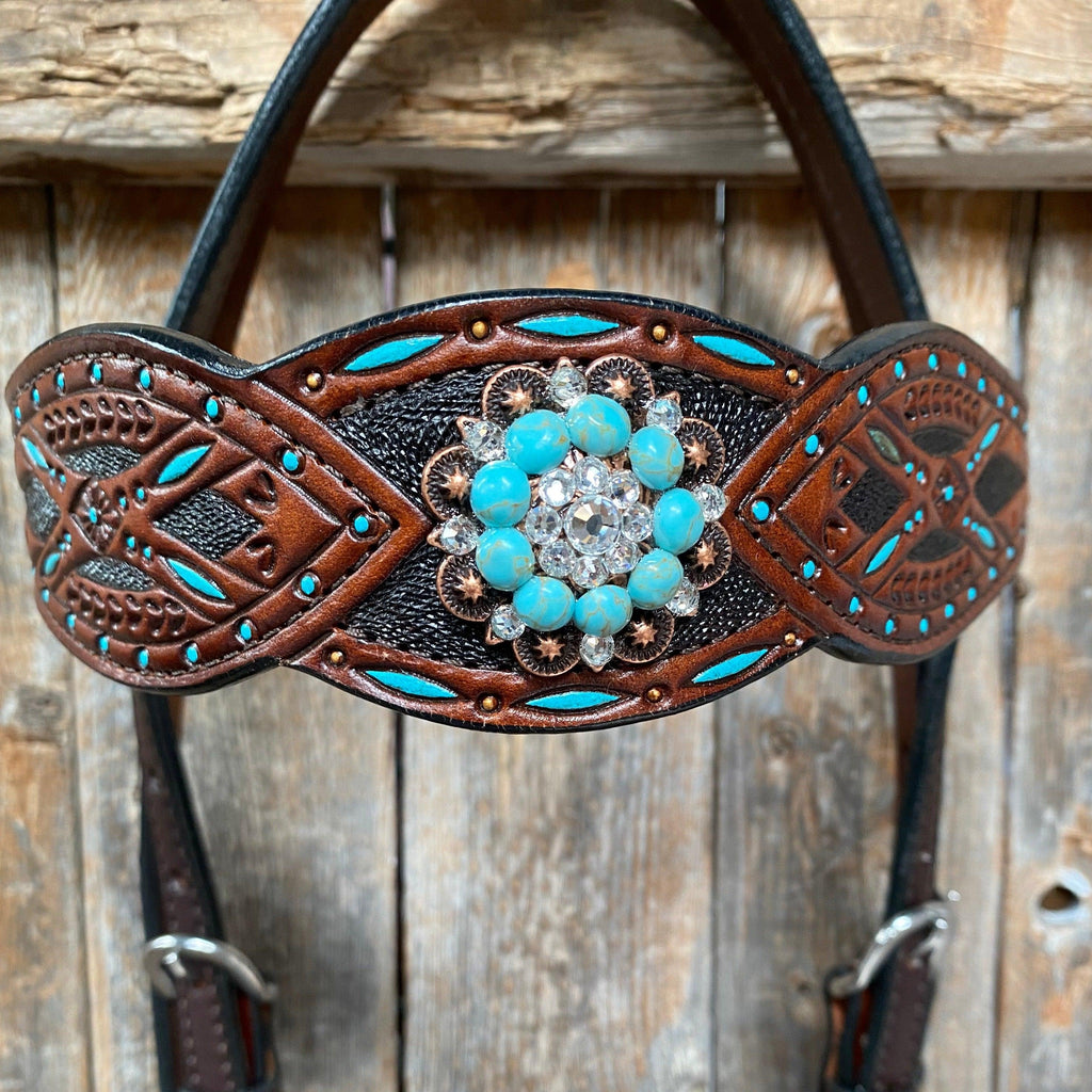 Hand Painted Two Tone Clear/Turquoise Browband / One Ear / Breastcollar Tack Set #BBBC507 — view 6