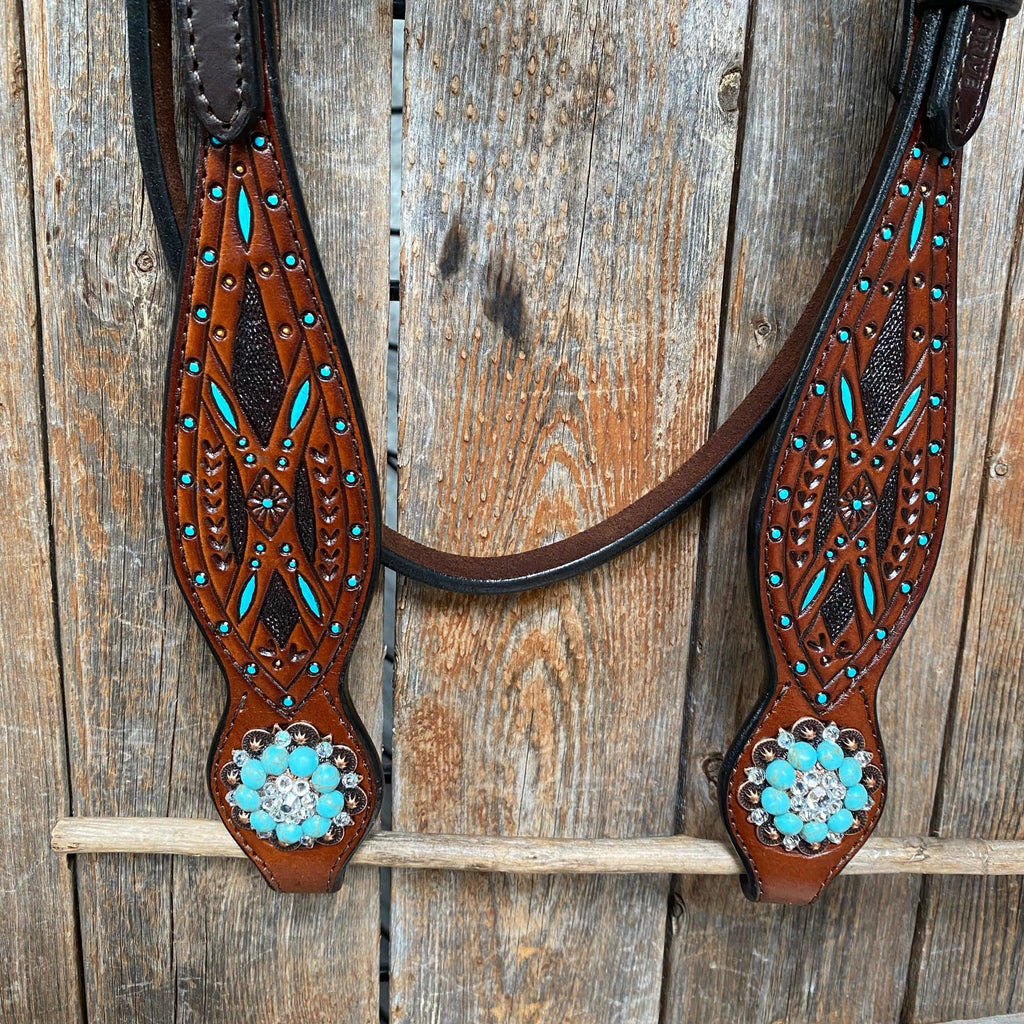 Hand Painted Two Tone Clear/Turquoise Browband / One Ear / Breastcollar Tack Set #BBBC507 — view 7
