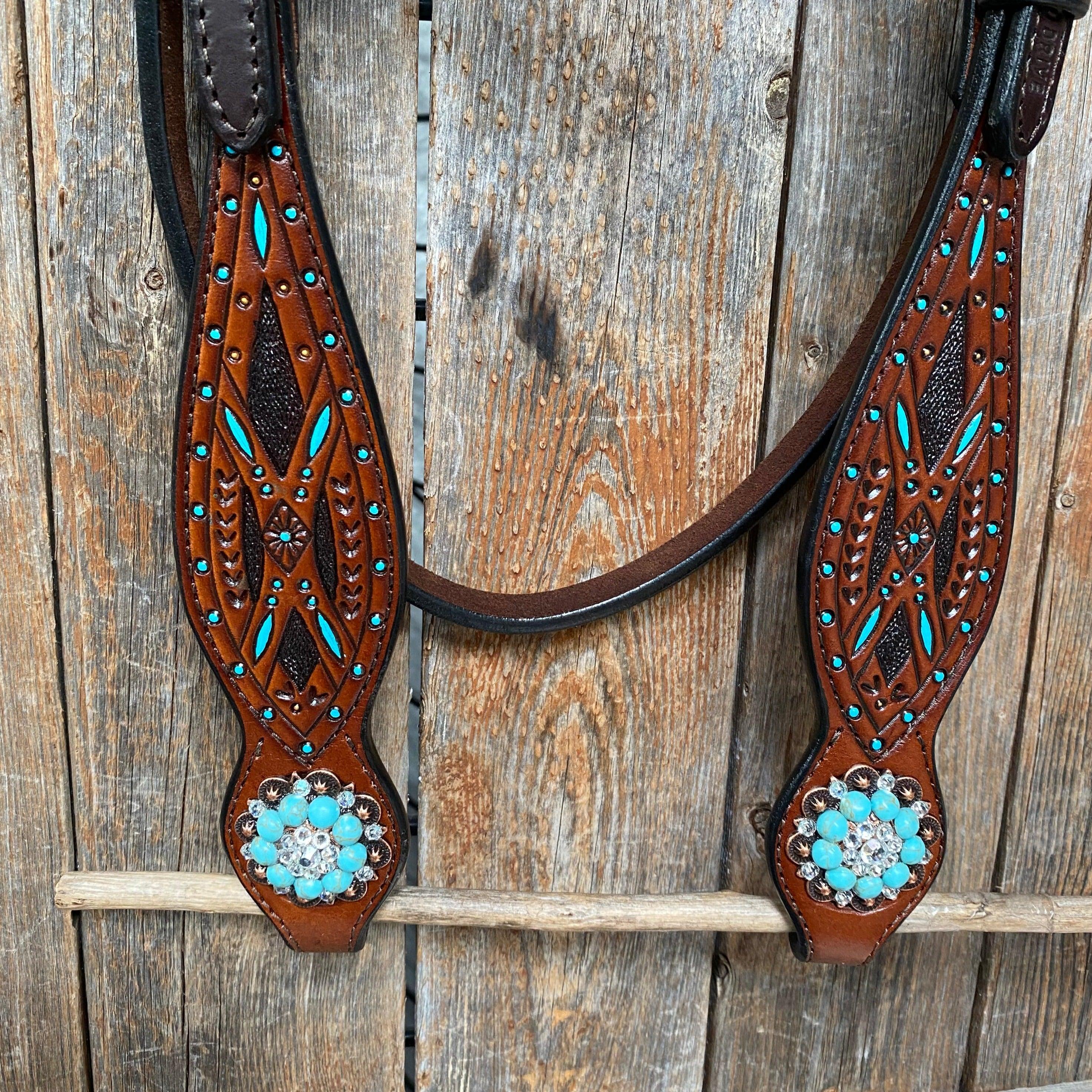 Hand Painted Two Tone Clear/Turquoise Browband / One Ear / Breastcollar Tack Set #BBBC507 — view 7