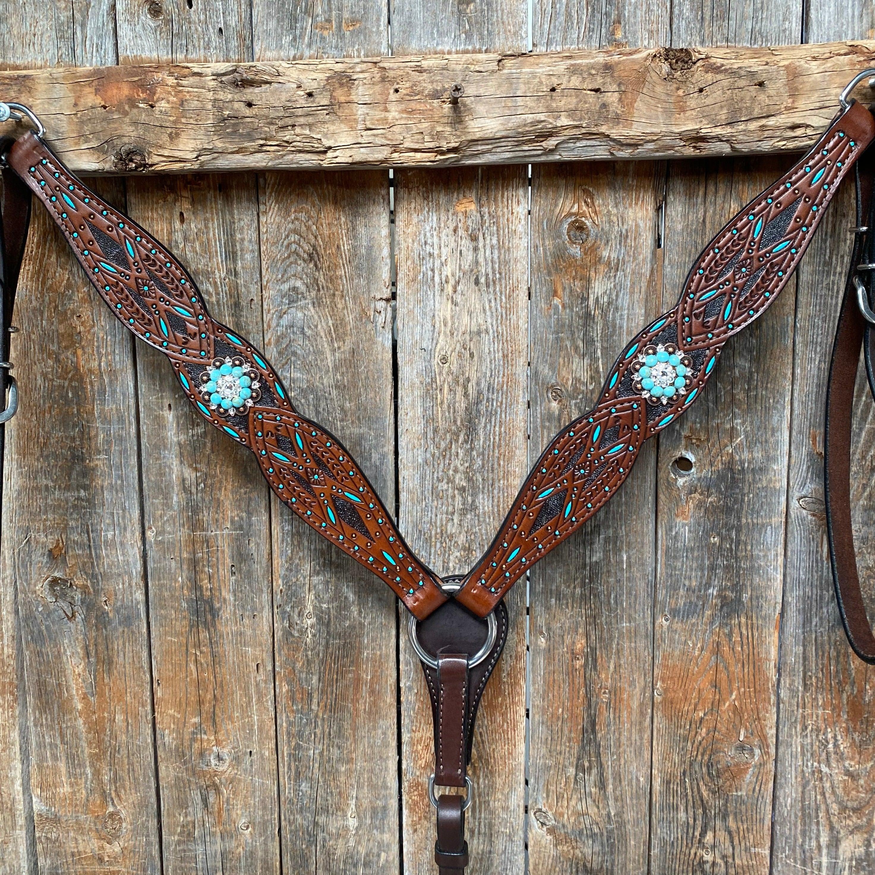 Hand Painted Two Tone Clear/Turquoise Browband / One Ear / Breastcollar Tack Set #BBBC507 — view 3