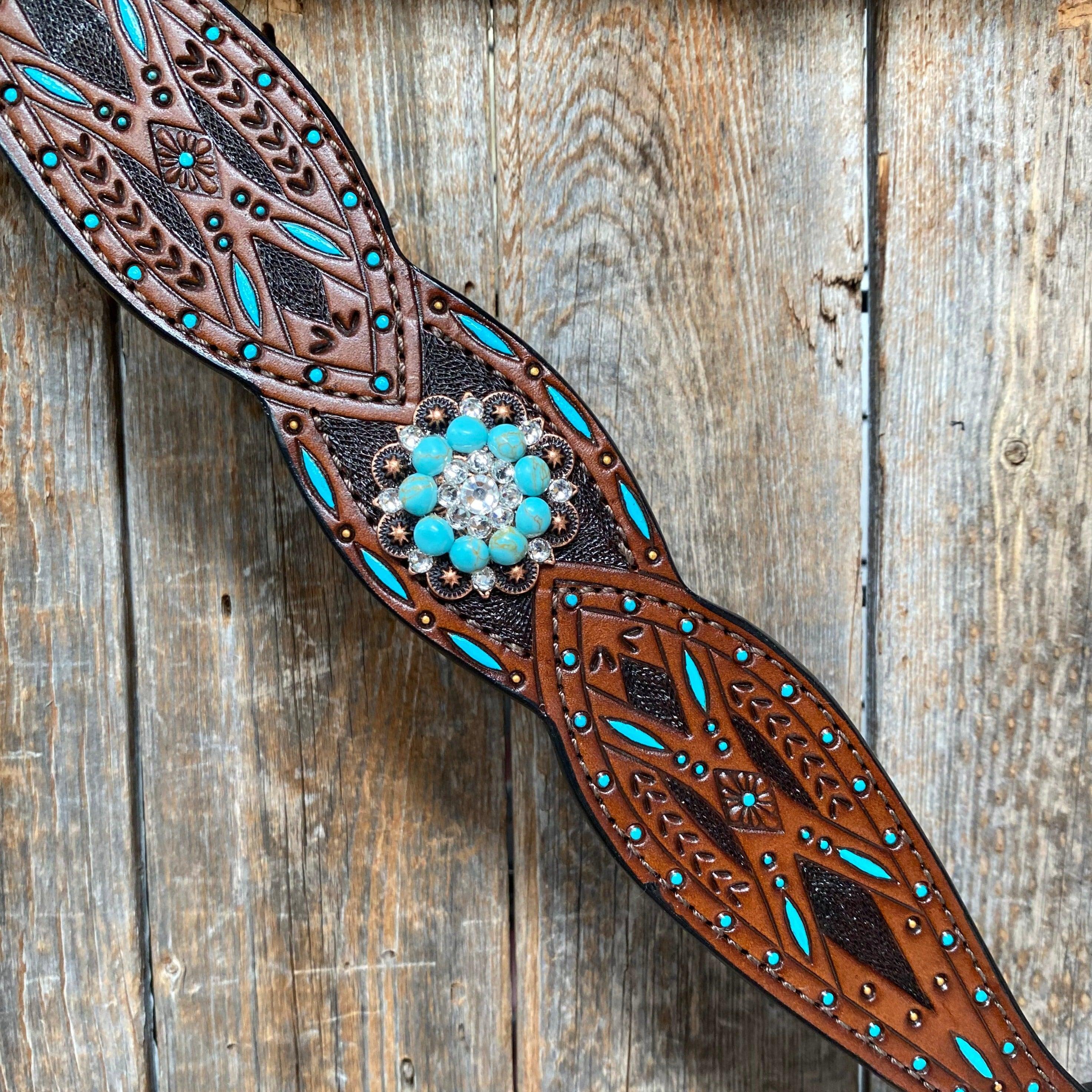 Hand Painted Two Tone Clear/Turquoise Browband / One Ear / Breastcollar Tack Set #BBBC507 — view 4
