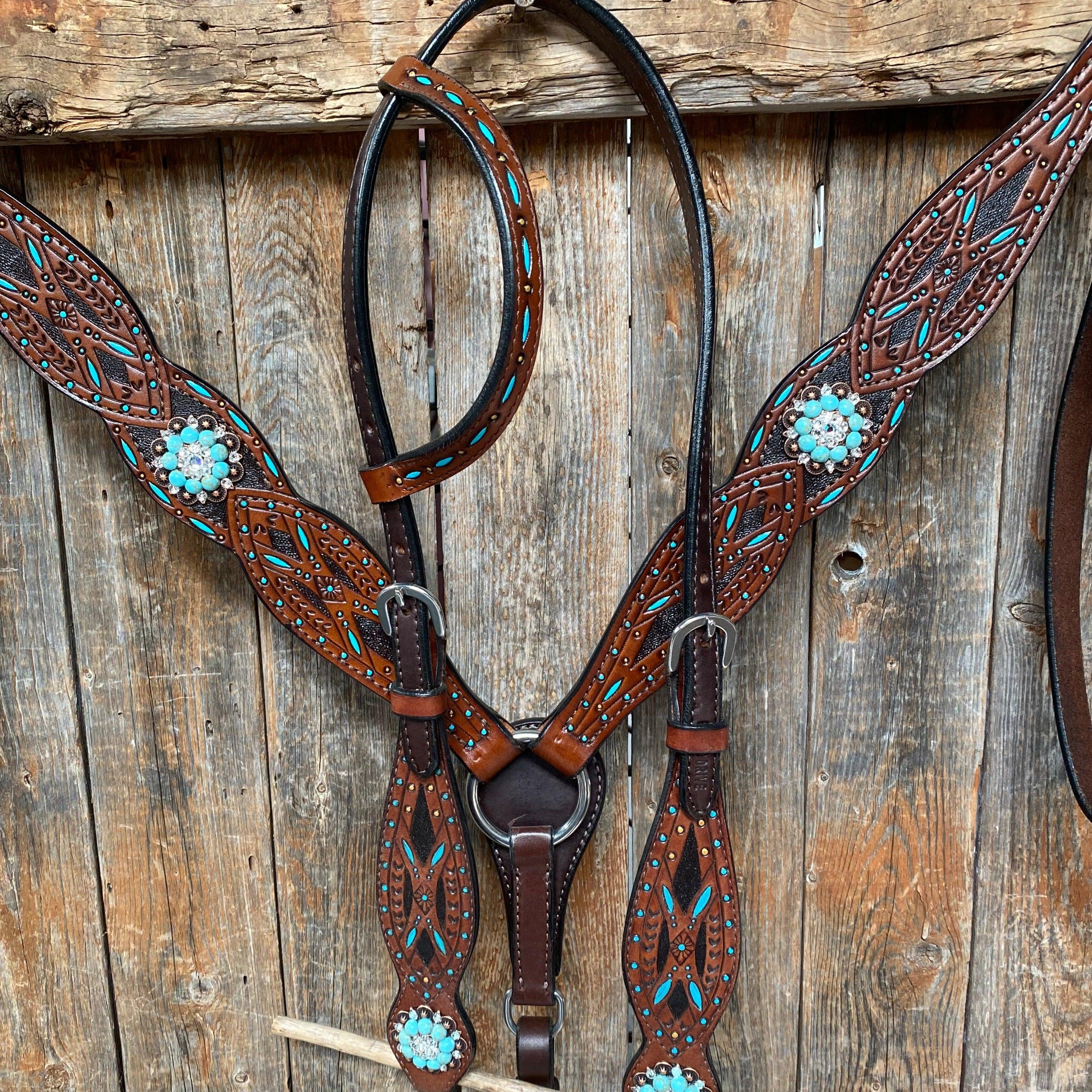 Hand Painted Two Tone Clear/Turquoise Browband / One Ear / Breastcollar Tack Set #BBBC507 — view 2