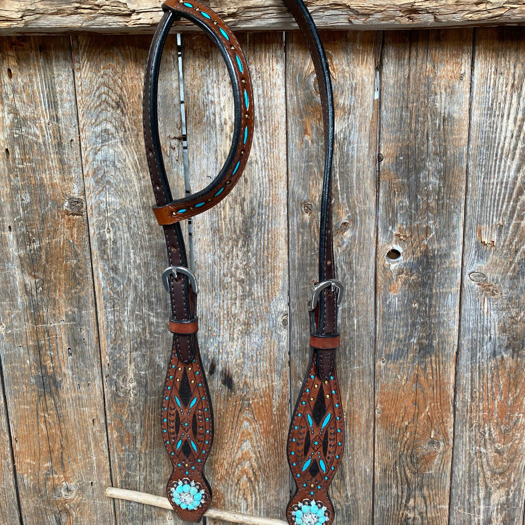 Hand Painted Two Tone Clear/Turquoise Browband / One Ear / Breastcollar Tack Set #BBBC507 — view 8