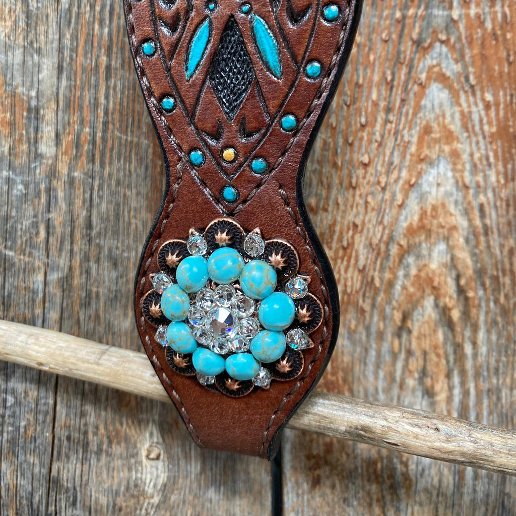 Hand Painted Two Tone Clear/Turquoise Browband / One Ear / Breastcollar Tack Set #BBBC507 — view 10