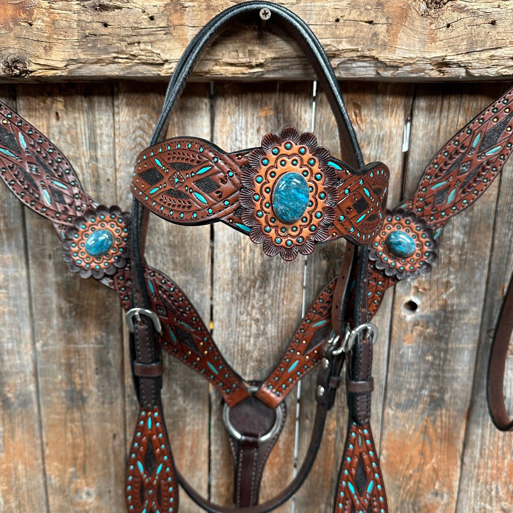 Dark Oil Hand Painted Blue Rosettes Browband/ Breastcollar Tack Set #BBBC522