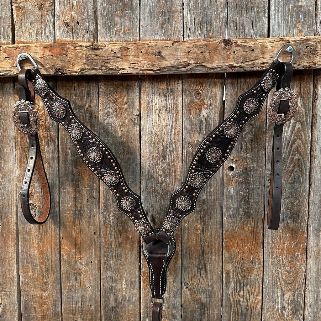 Dark Oil Floral Copper Dot & Turquoise Browband Headstall / Breastcollar Tack Set #BBBC535 — view 5