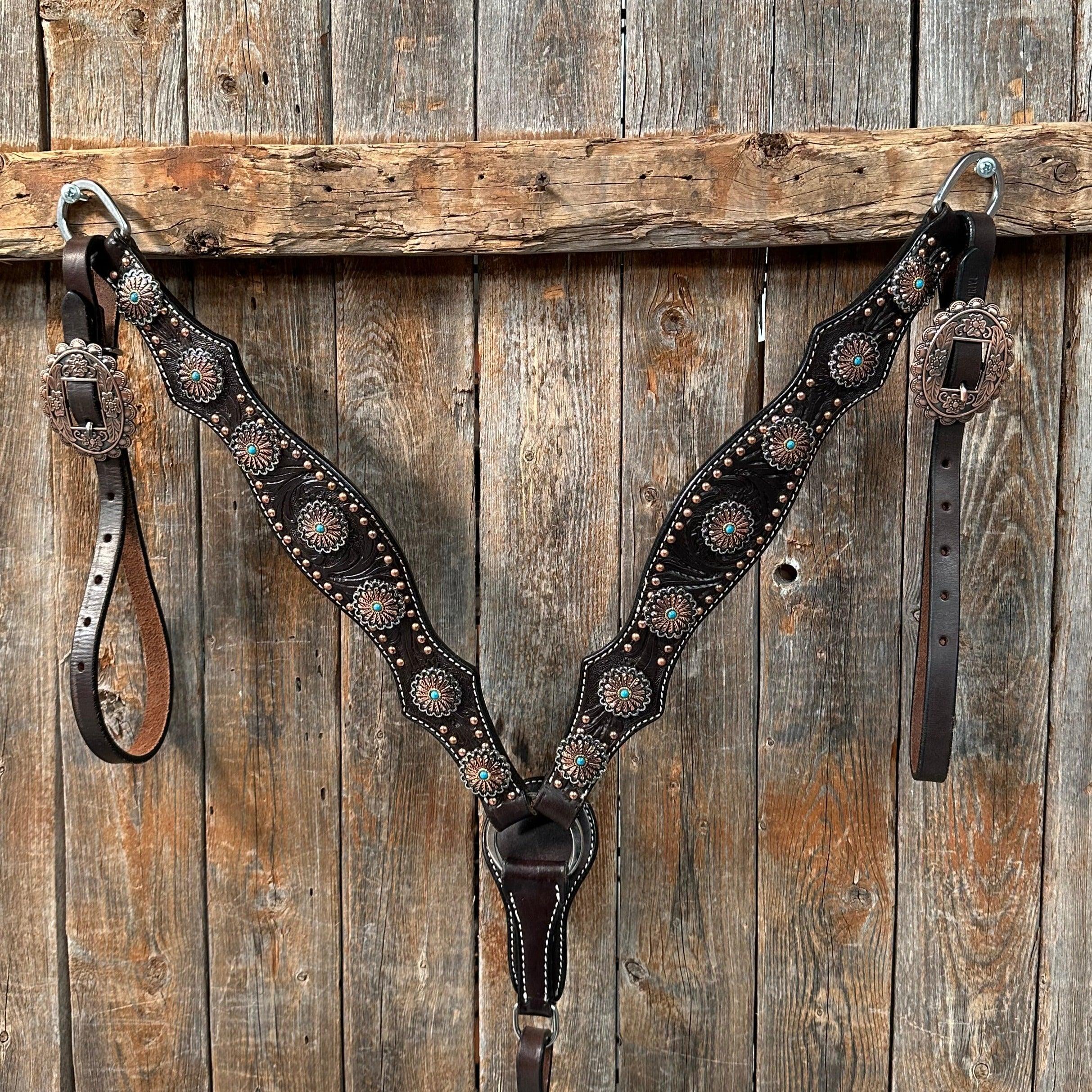 Dark Oil Floral Copper Dot & Turquoise Browband Headstall / Breastcollar Tack Set #BBBC535 — view 5