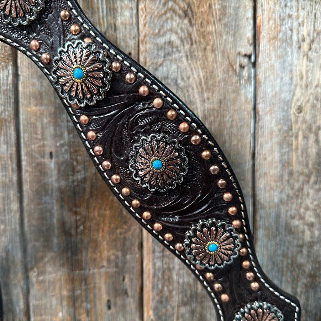 Dark Oil Floral Copper Dot & Turquoise Browband Headstall / Breastcollar Tack Set #BBBC535 — view 6
