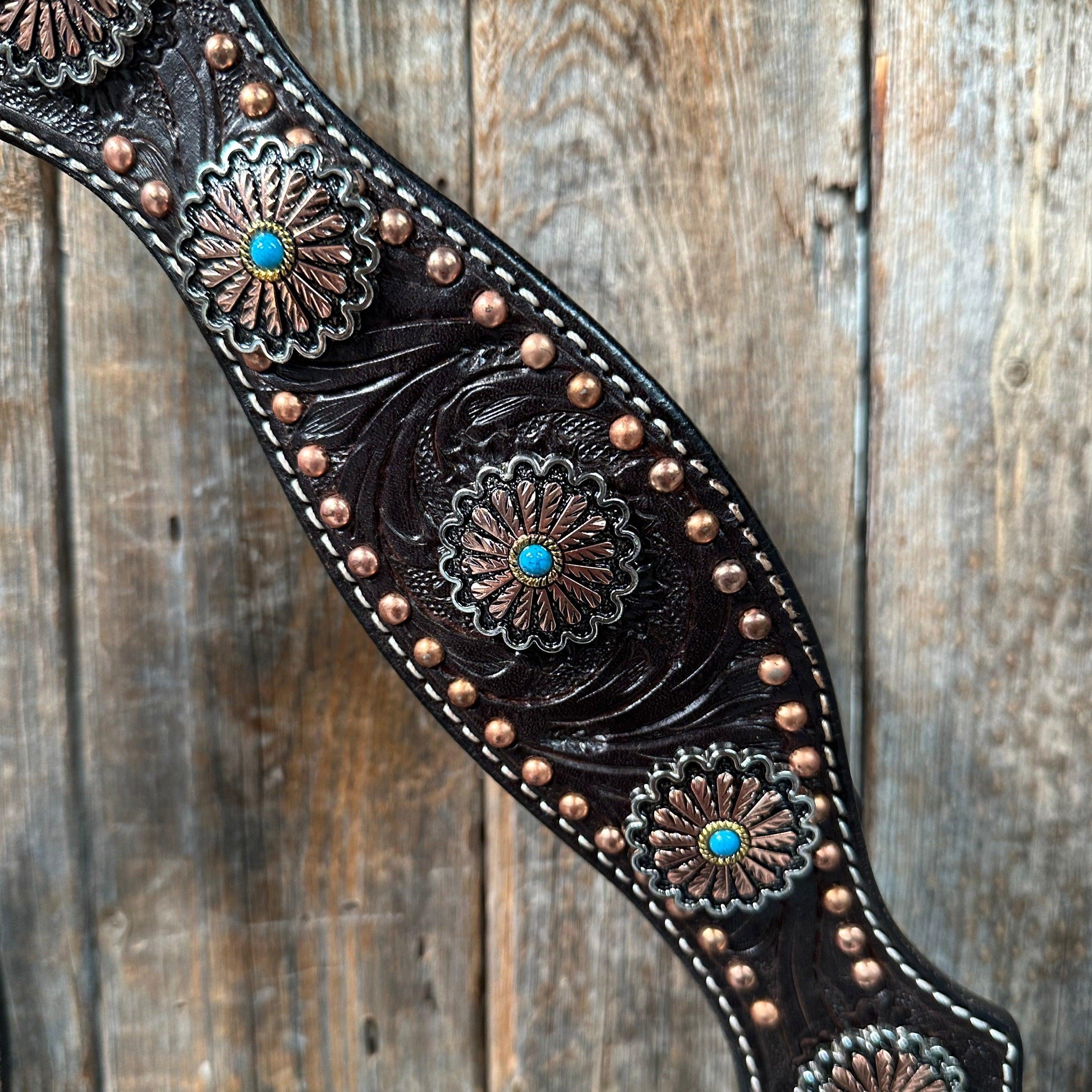 Dark Oil Floral Copper Dot & Turquoise Browband Headstall / Breastcollar Tack Set #BBBC535 — view 6