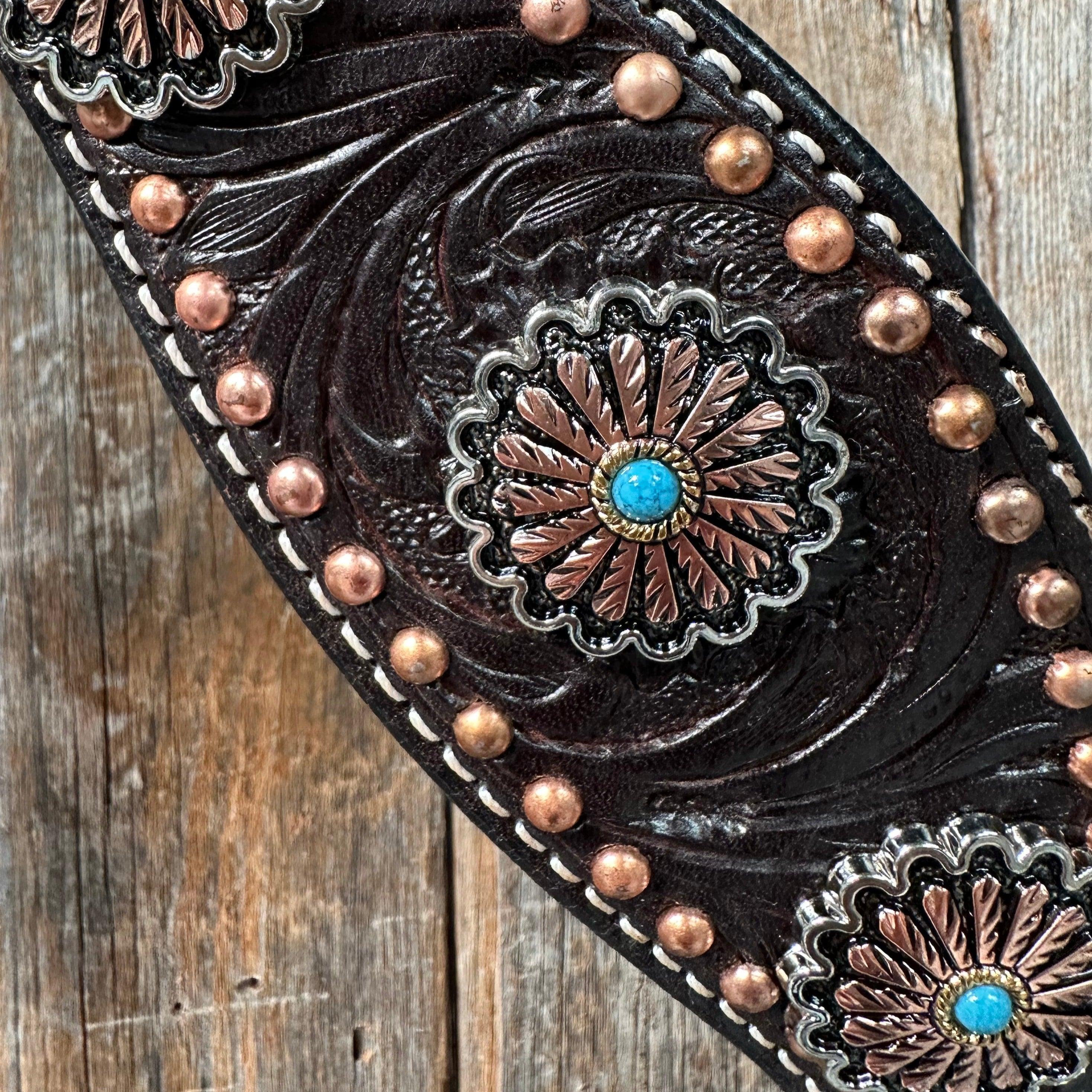 Dark Oil Floral Copper Dot & Turquoise Browband Headstall / Breastcollar Tack Set #BBBC535 — view 7