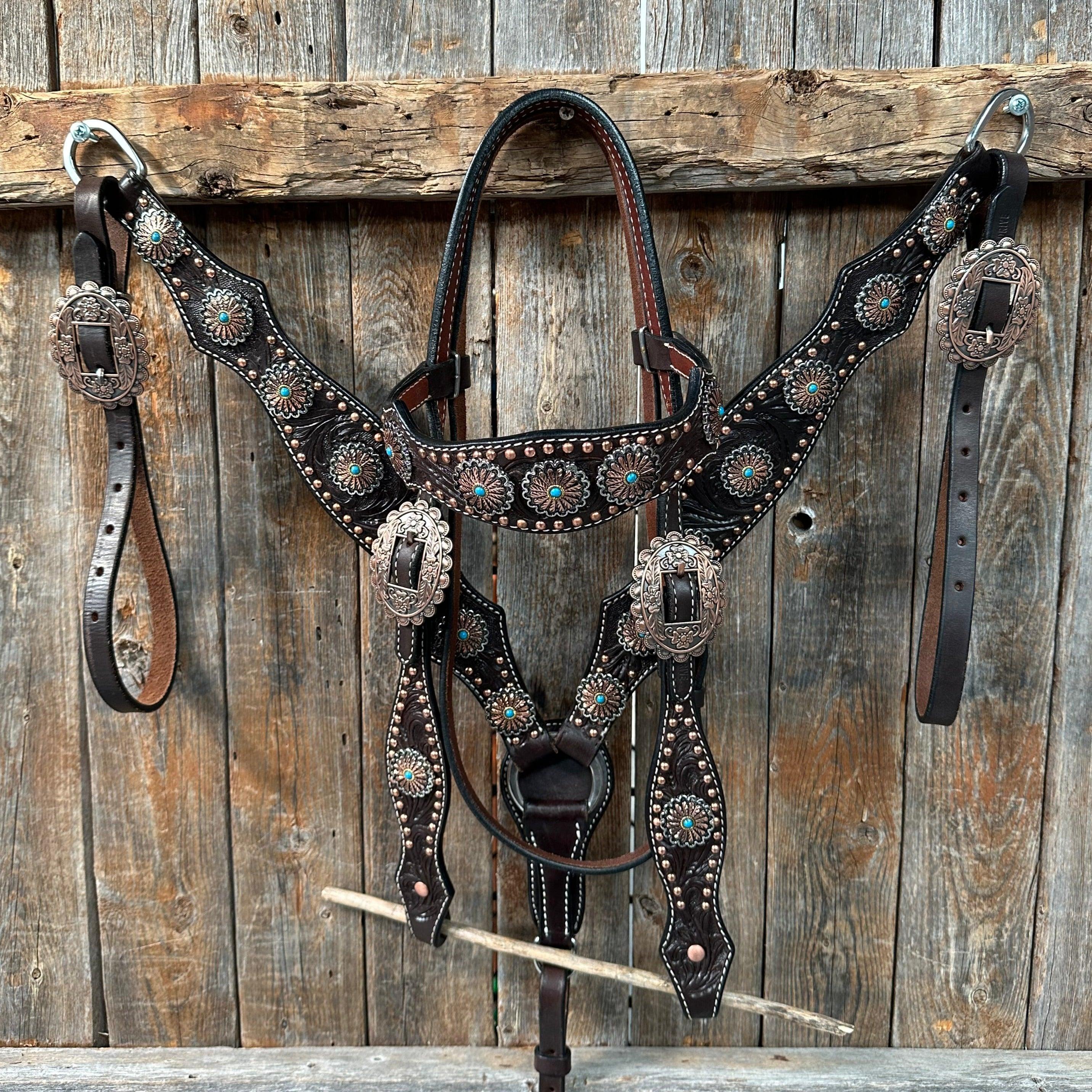 Dark Oil Floral Copper Dot & Turquoise Browband Headstall / Breastcollar Tack Set #BBBC535